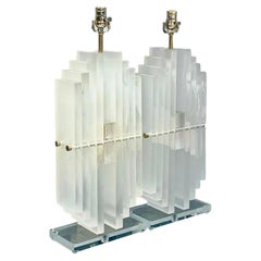 Used Contemporary Stacked Lucite Skyscraper Lamps After Karl Springer a Pair