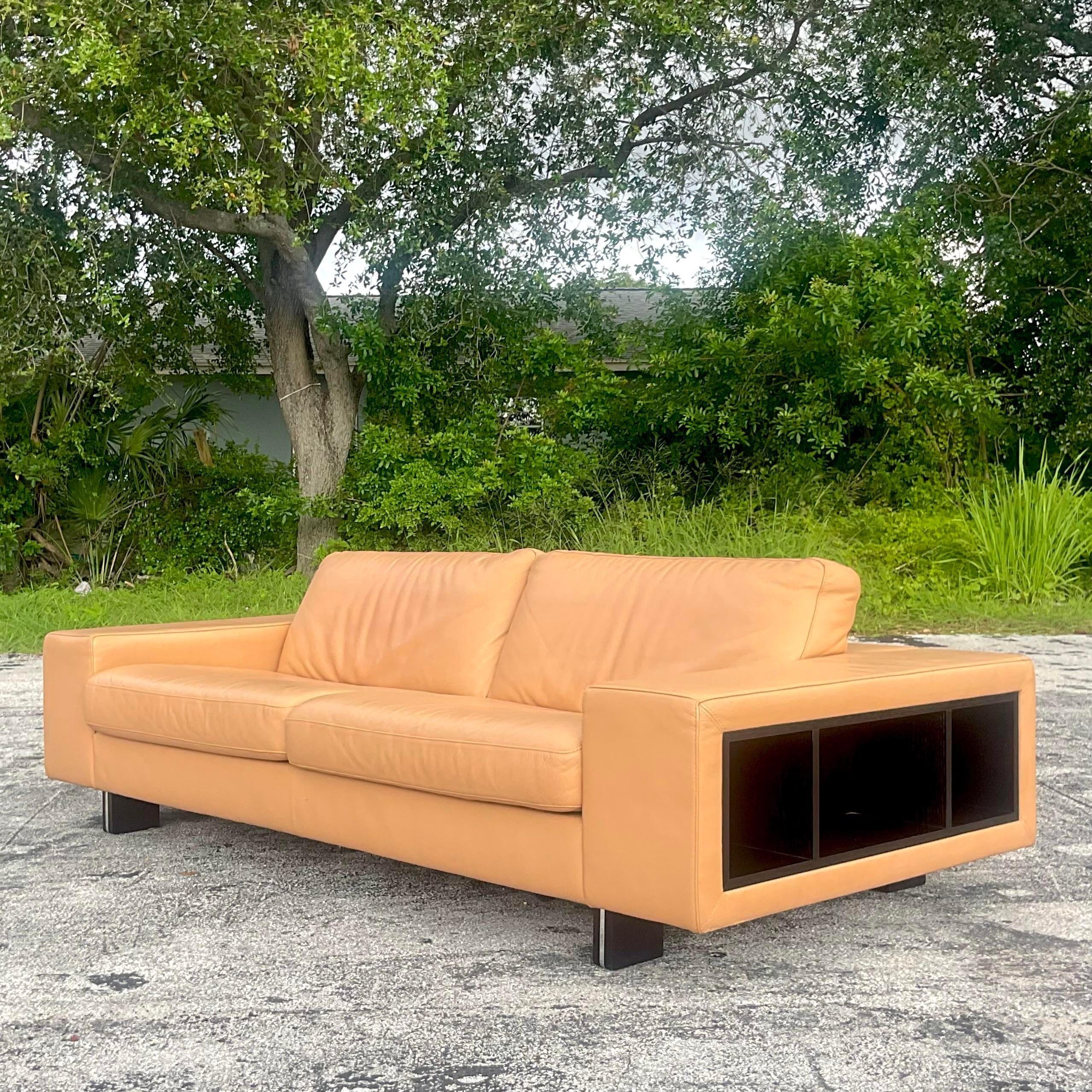American Vintage Contemporary Tagged Roche Bobois Leather Shelf Sofa For Sale