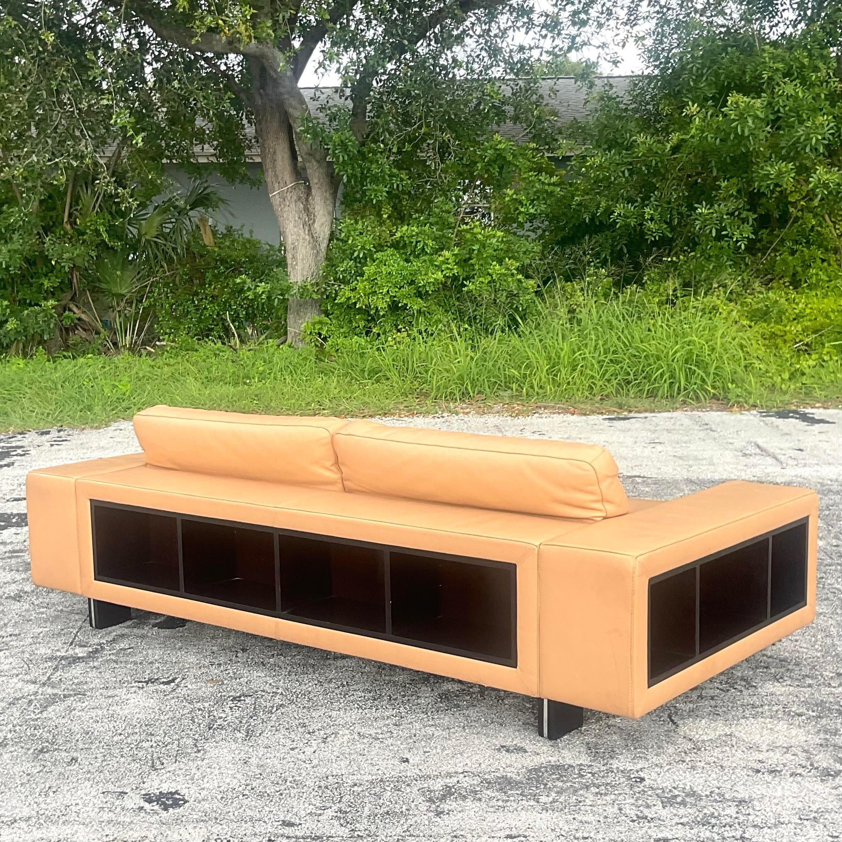 Vintage Contemporary Tagged Roche Bobois Leather Shelf Sofa In Good Condition For Sale In west palm beach, FL