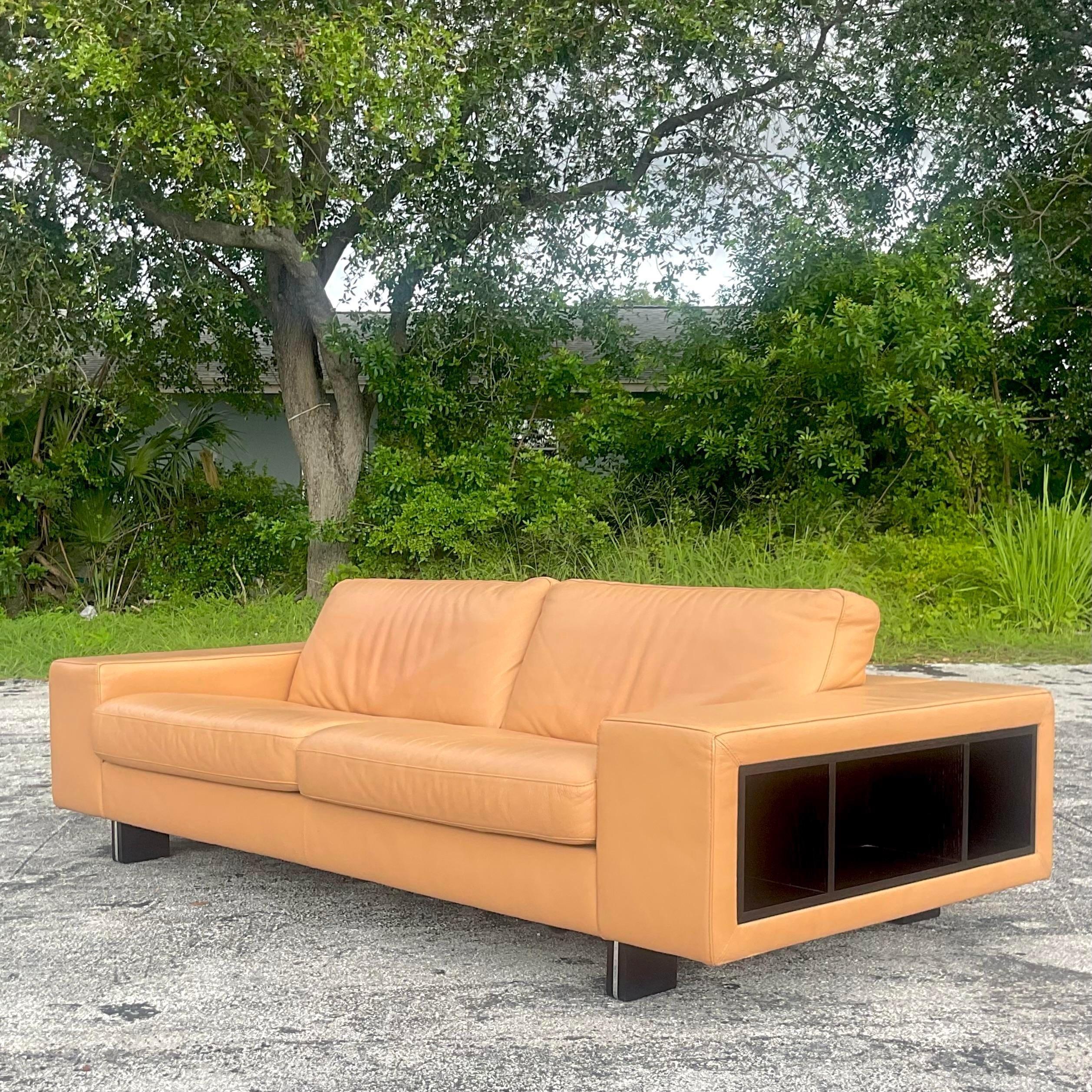 20th Century Vintage Contemporary Tagged Roche Bobois Leather Shelf Sofa For Sale