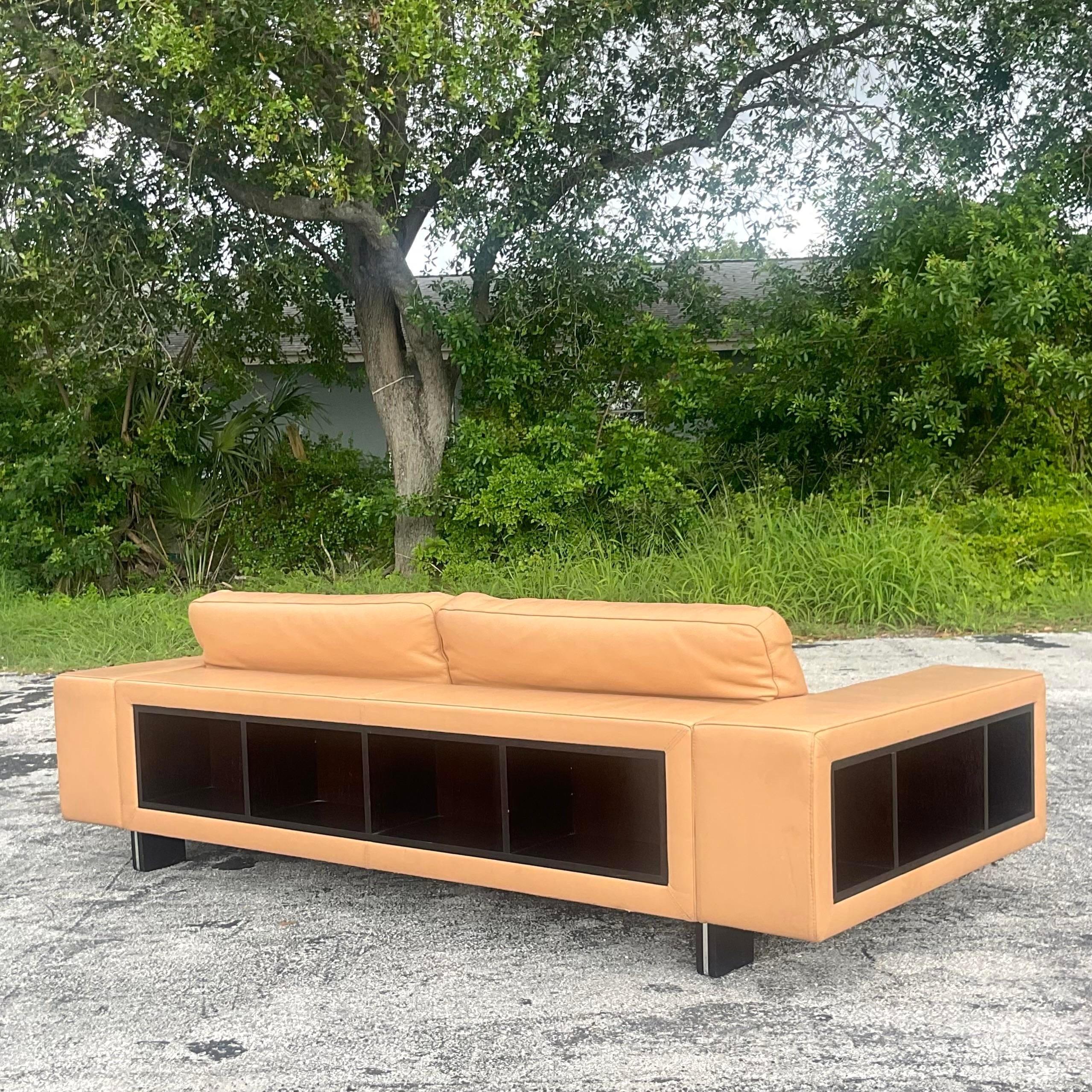 Vintage Contemporary Tagged Roche Bobois Leather Shelf Sofa For Sale 4