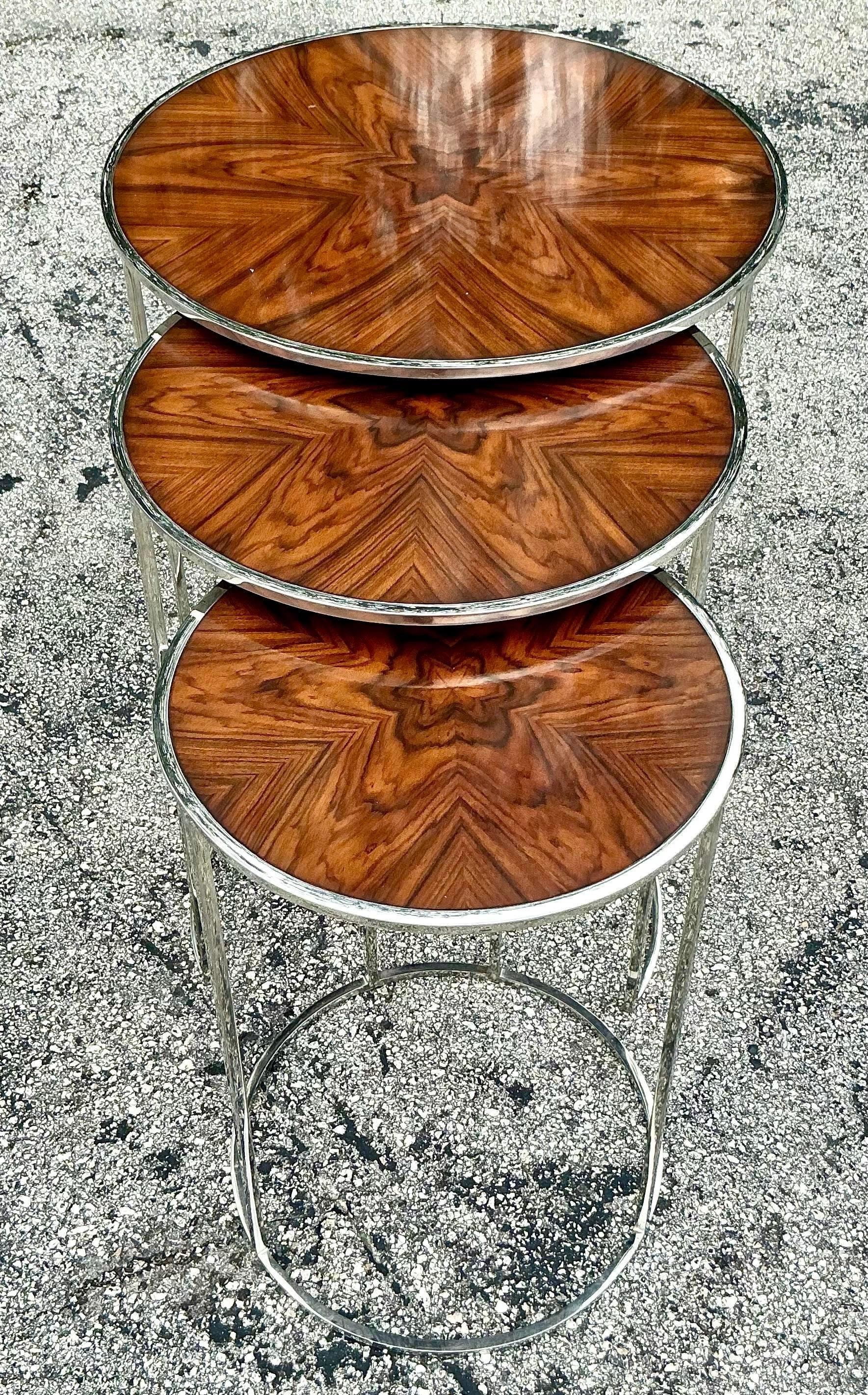 Vintage Contemporary Theodore Alexander Burl and Chrome Nesting Tables - 3 Pcs For Sale 5