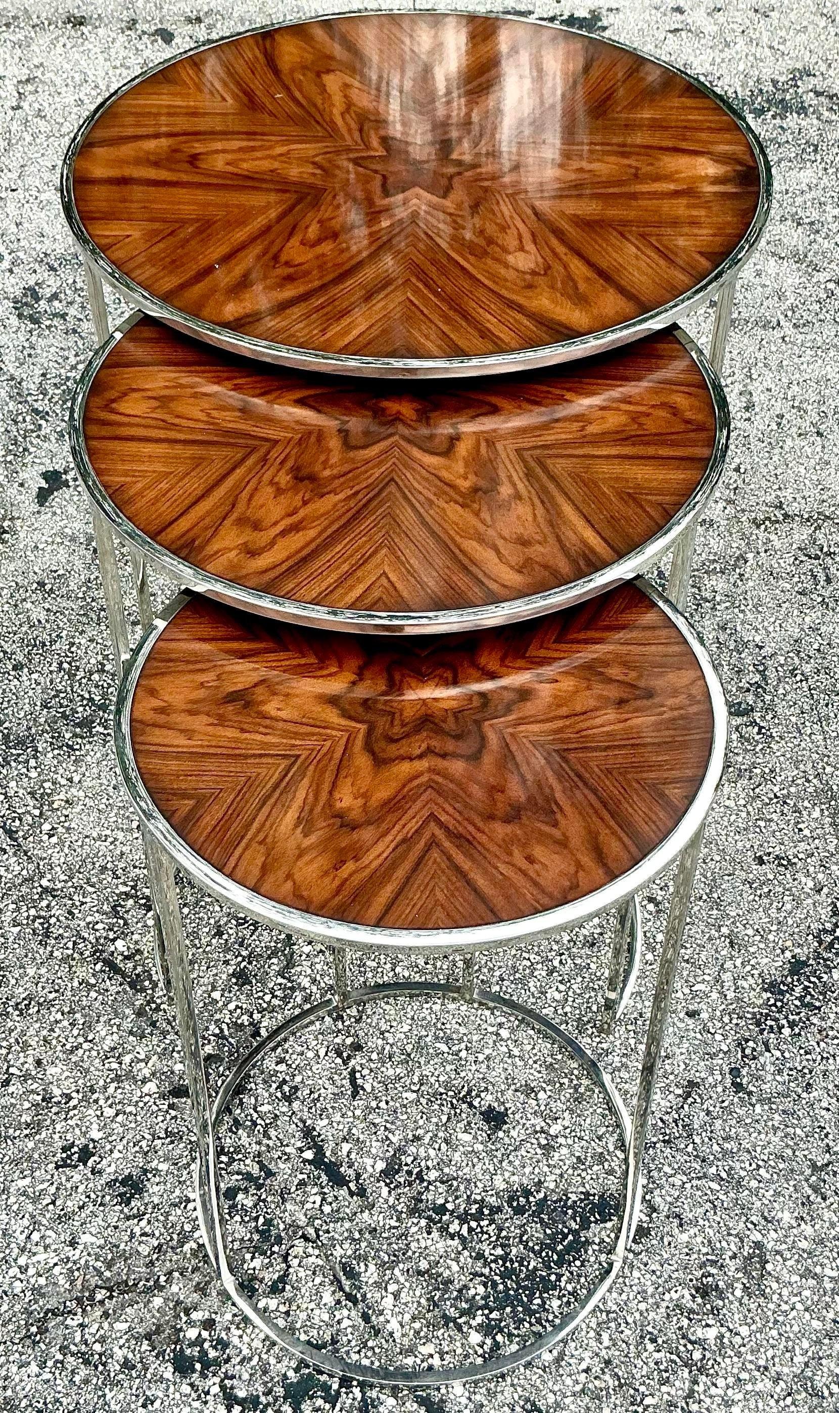 Vintage Contemporary Theodore Alexander Burl and Chrome Nesting Tables - 3 Pcs For Sale 6