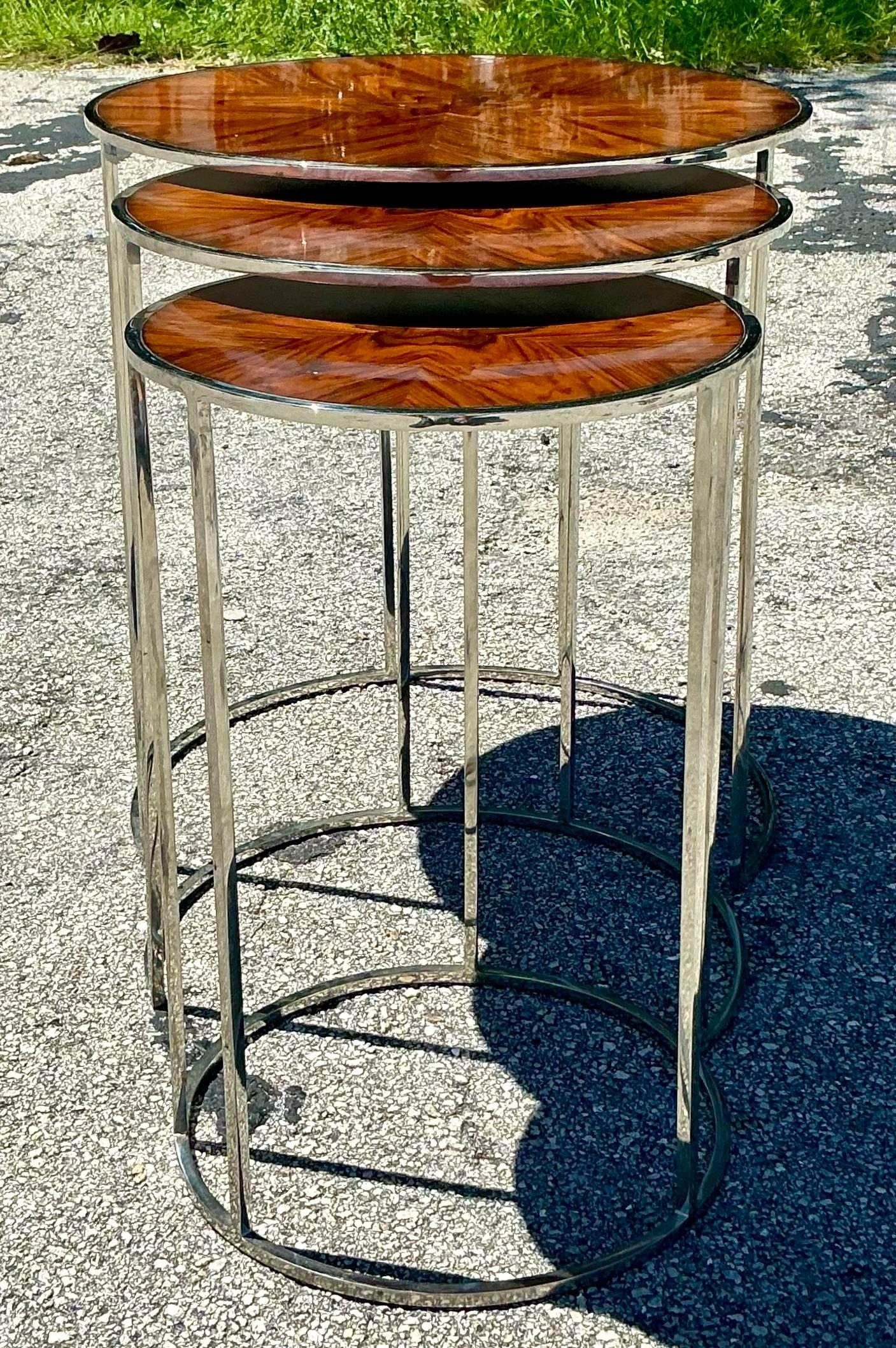 Vietnamese Vintage Contemporary Theodore Alexander Burl and Chrome Nesting Tables - 3 Pcs For Sale