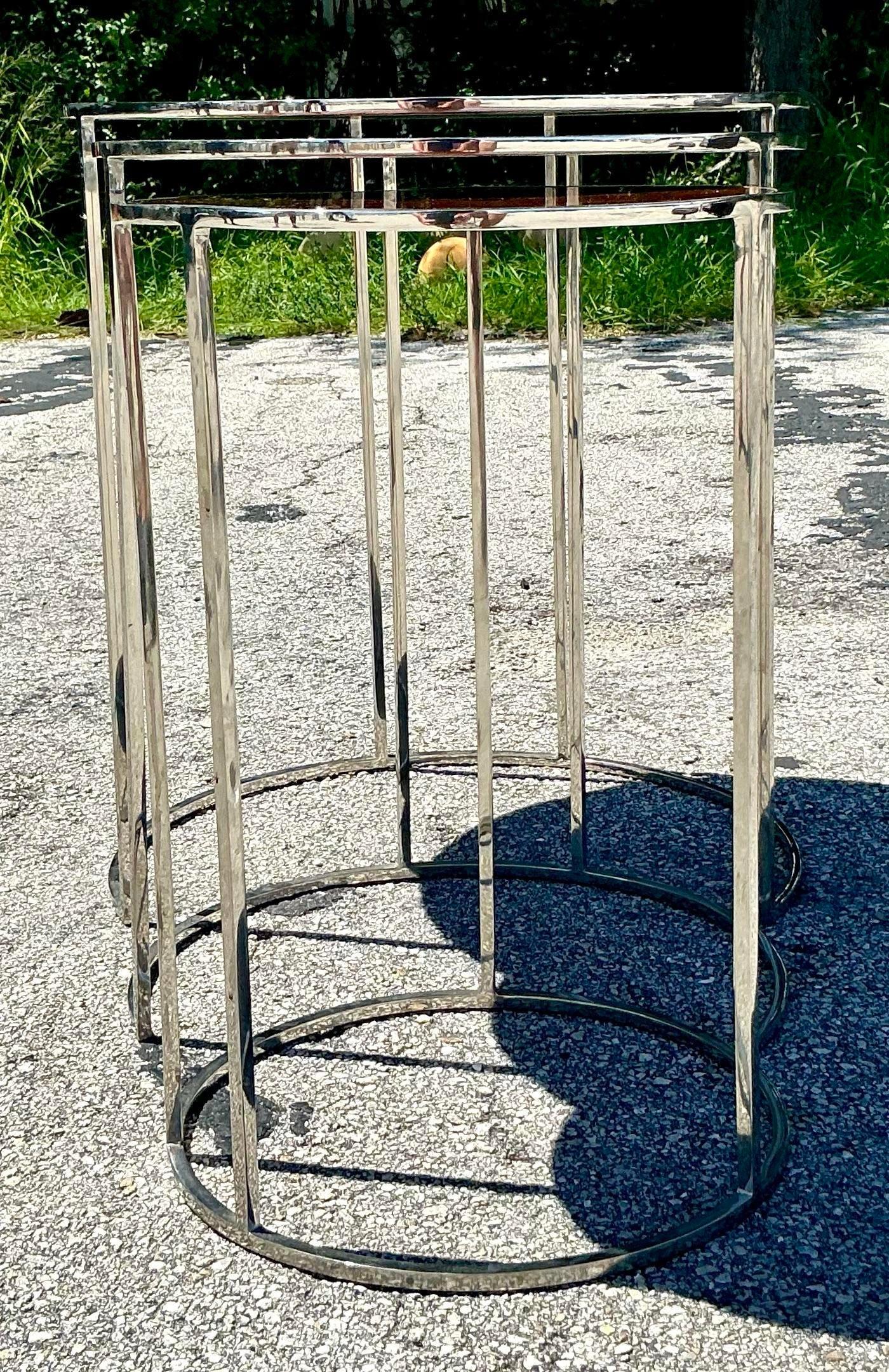 Vintage Contemporary Theodore Alexander Burl and Chrome Nesting Tables - 3 Pcs In Good Condition For Sale In west palm beach, FL