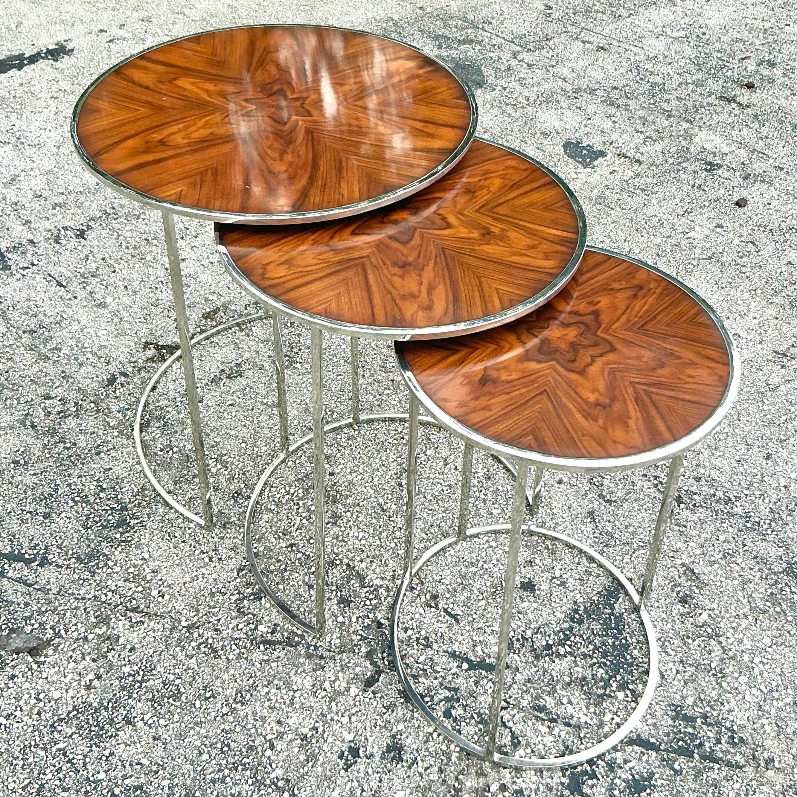 Vintage Contemporary Theodore Alexander Burl and Chrome Nesting Tables - 3 Pcs For Sale 2