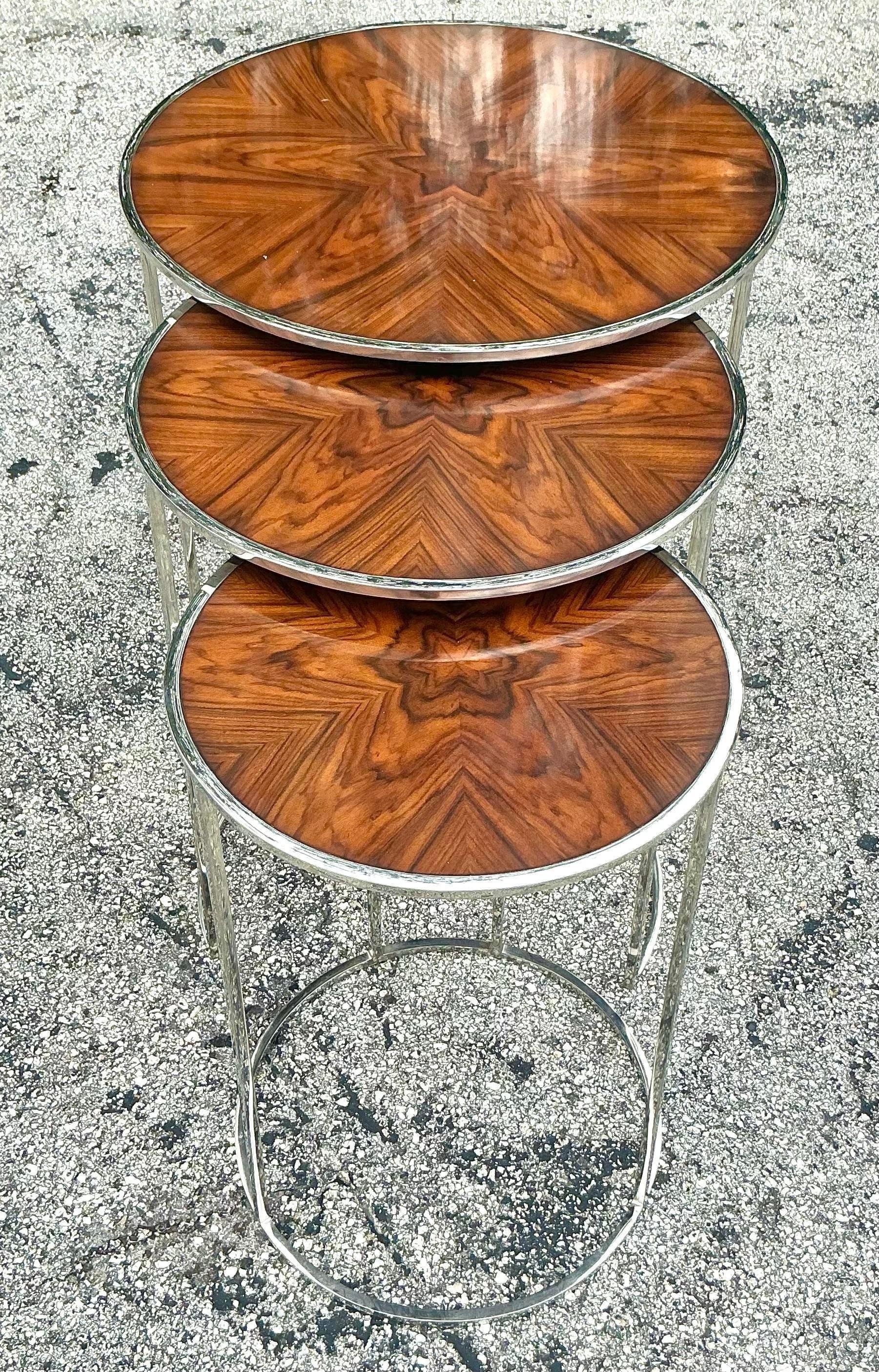Vintage Contemporary Theodore Alexander Burl and Chrome Nesting Tables - 3 Pcs For Sale 4