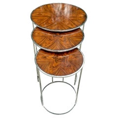 Vintage Contemporary Theodore Alexander Burl and Chrome Nesting Tables - 3 Pcs