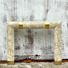 Vintage Contemporary Travertine and Brass Fireplace Surround