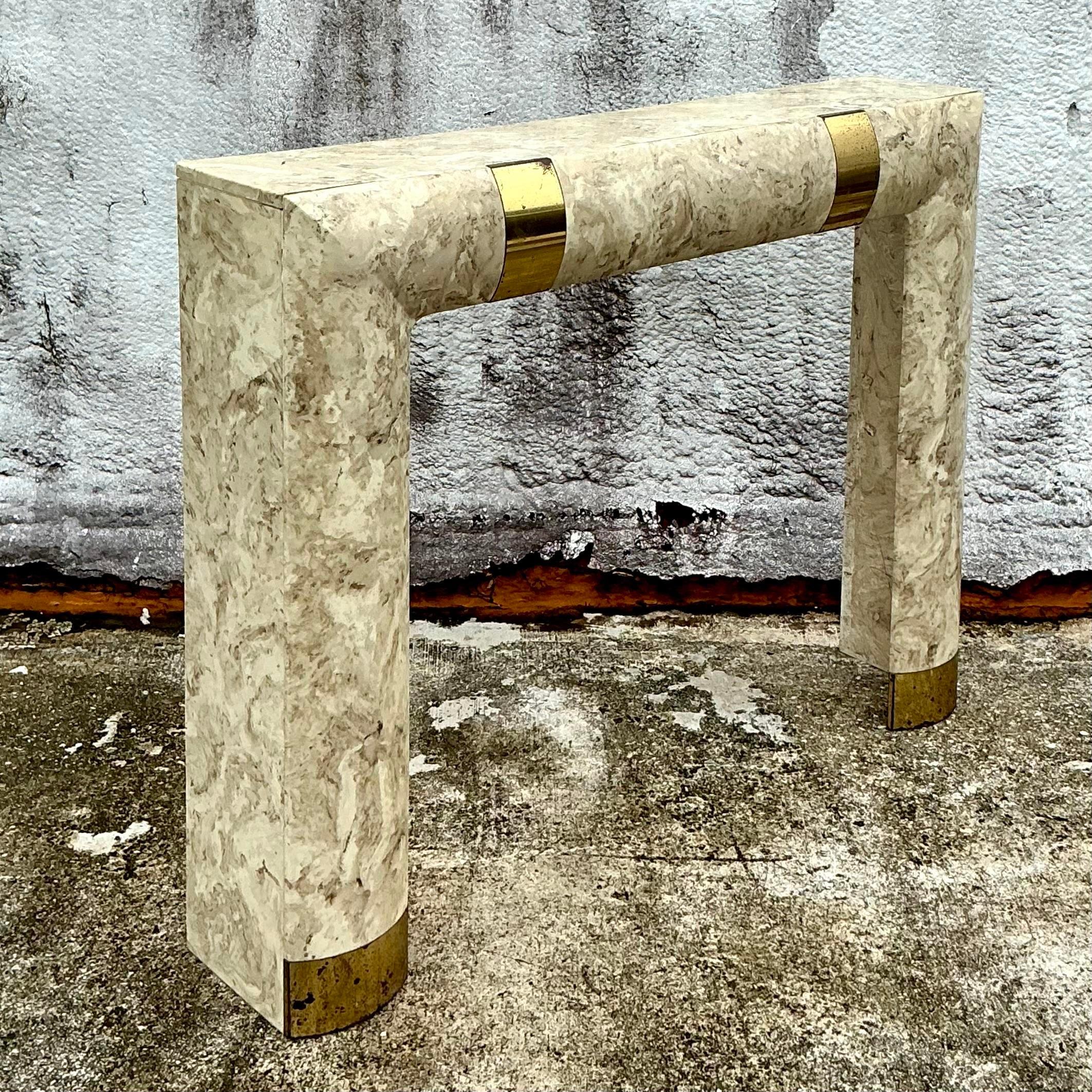Post-Modern Vintage Contemporary Travertine and Brass Fireplace Surround