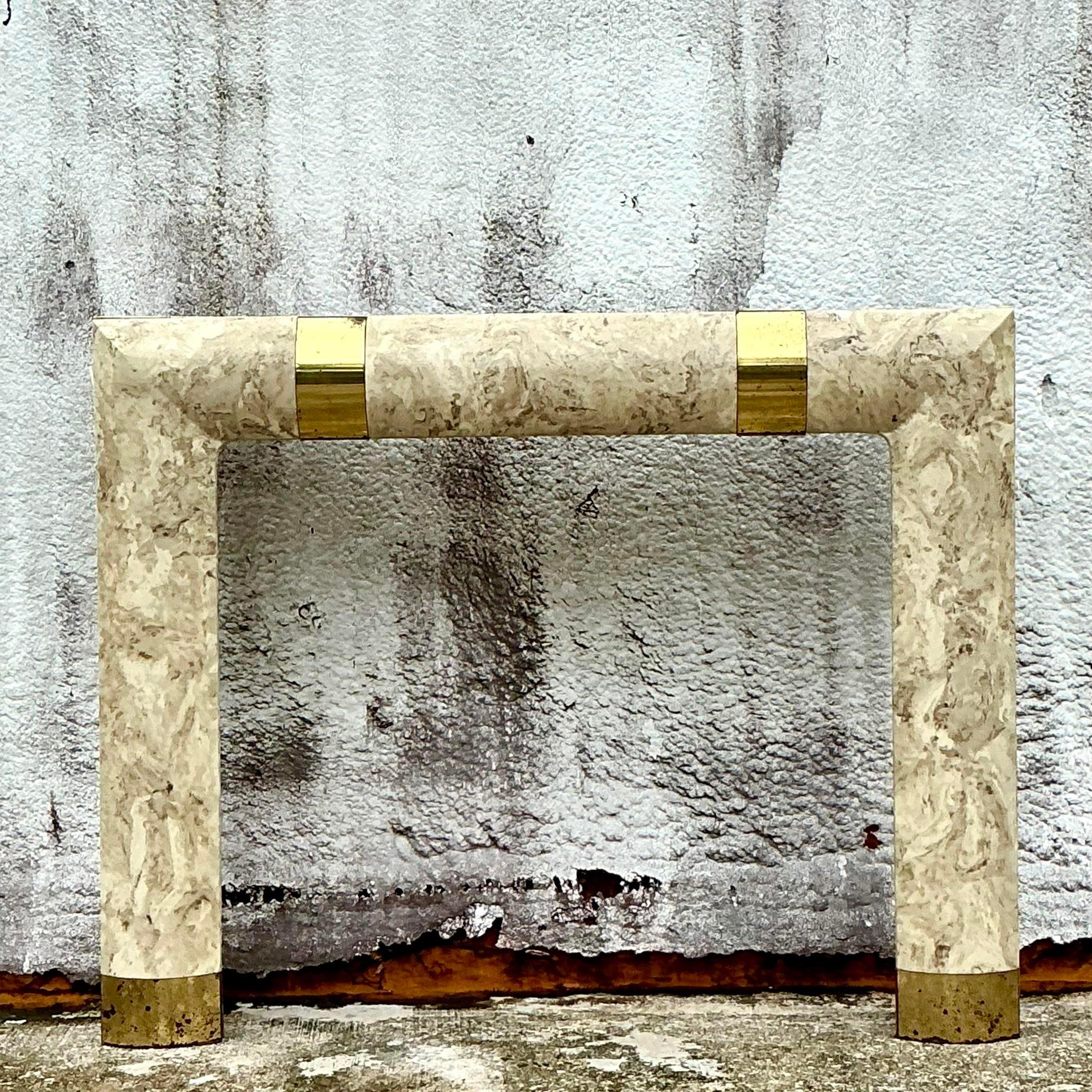 North American Vintage Contemporary Travertine and Brass Fireplace Surround