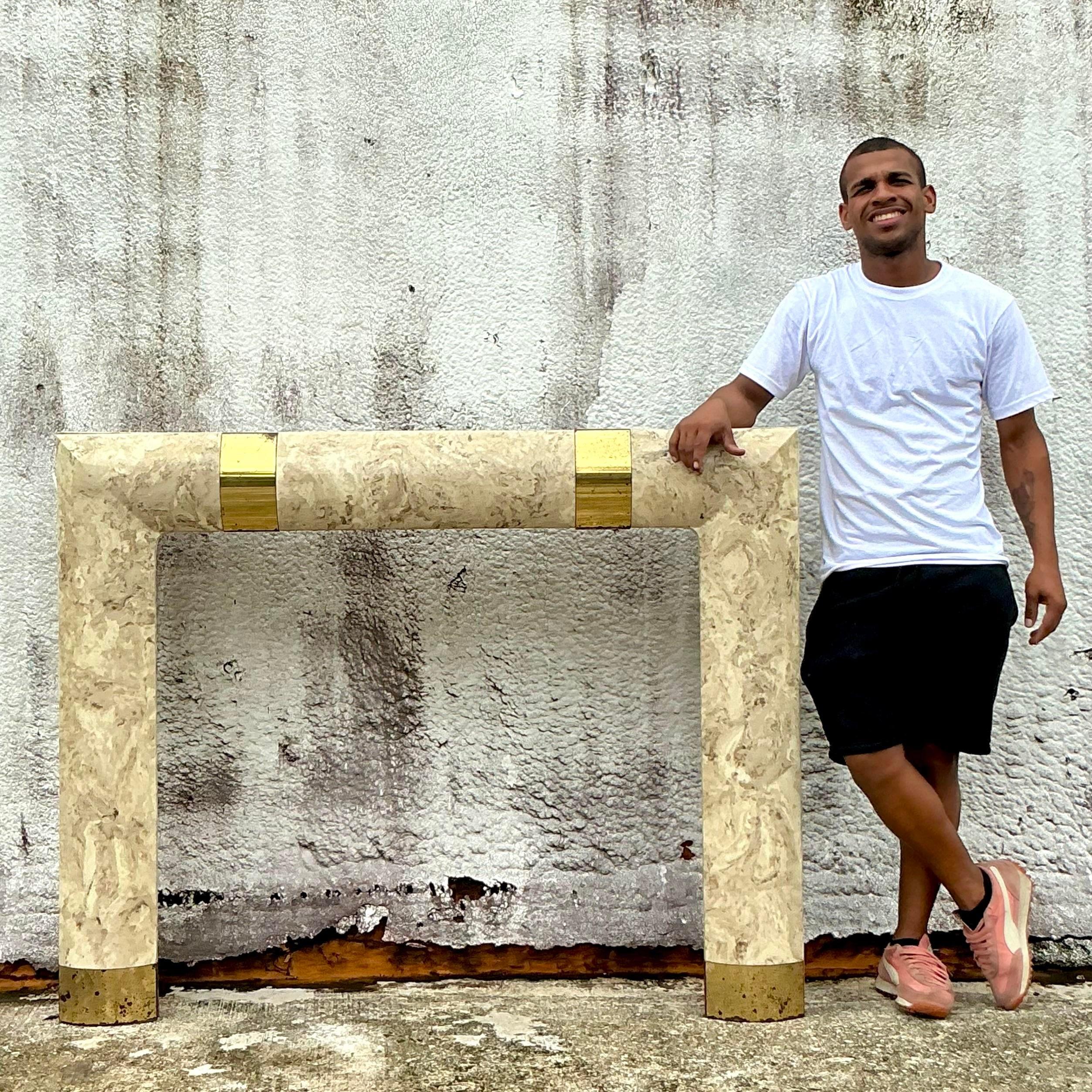 Vintage Contemporary Travertine and Brass Fireplace Surround In Good Condition In West Palm Beach, FL