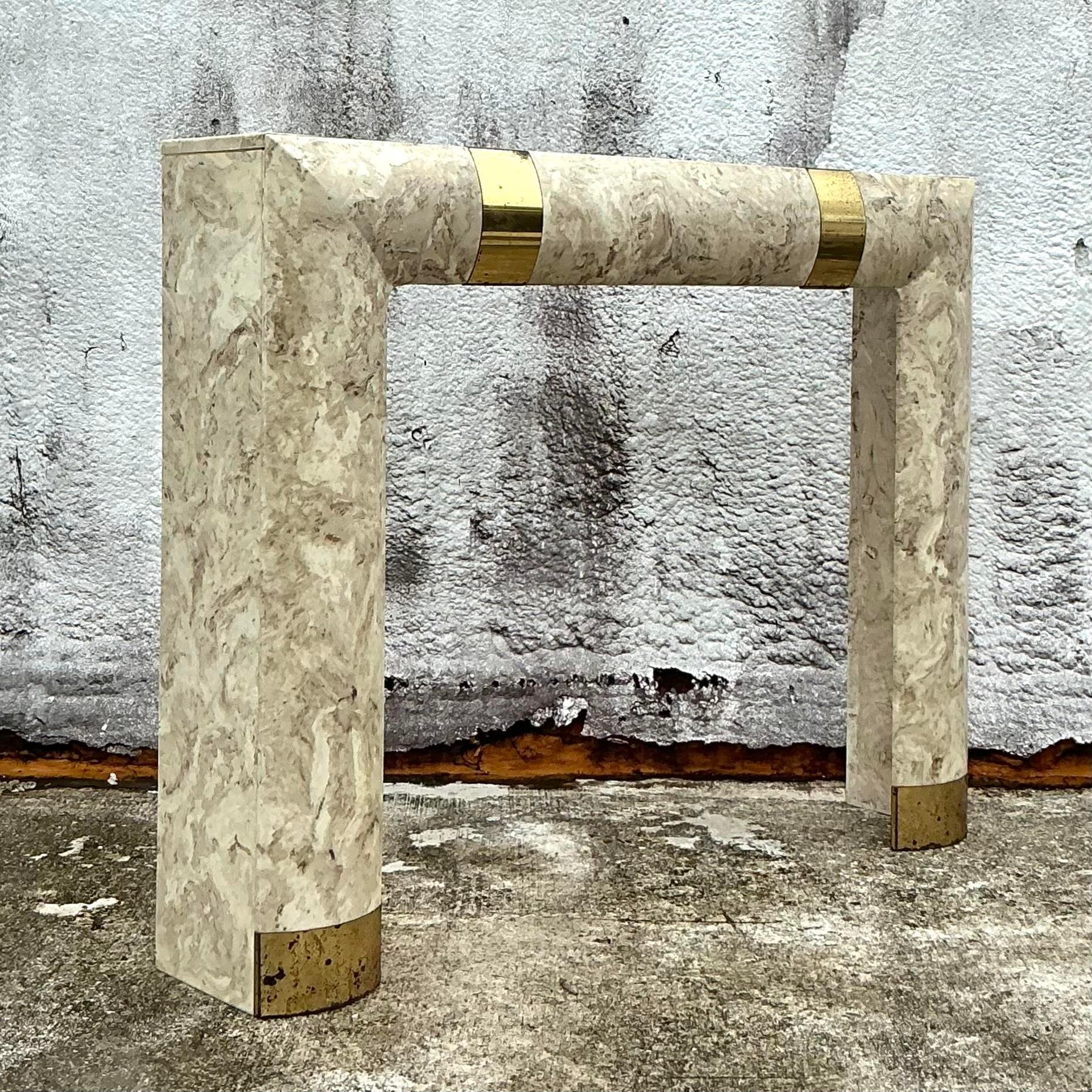 20th Century Vintage Contemporary Travertine and Brass Fireplace Surround