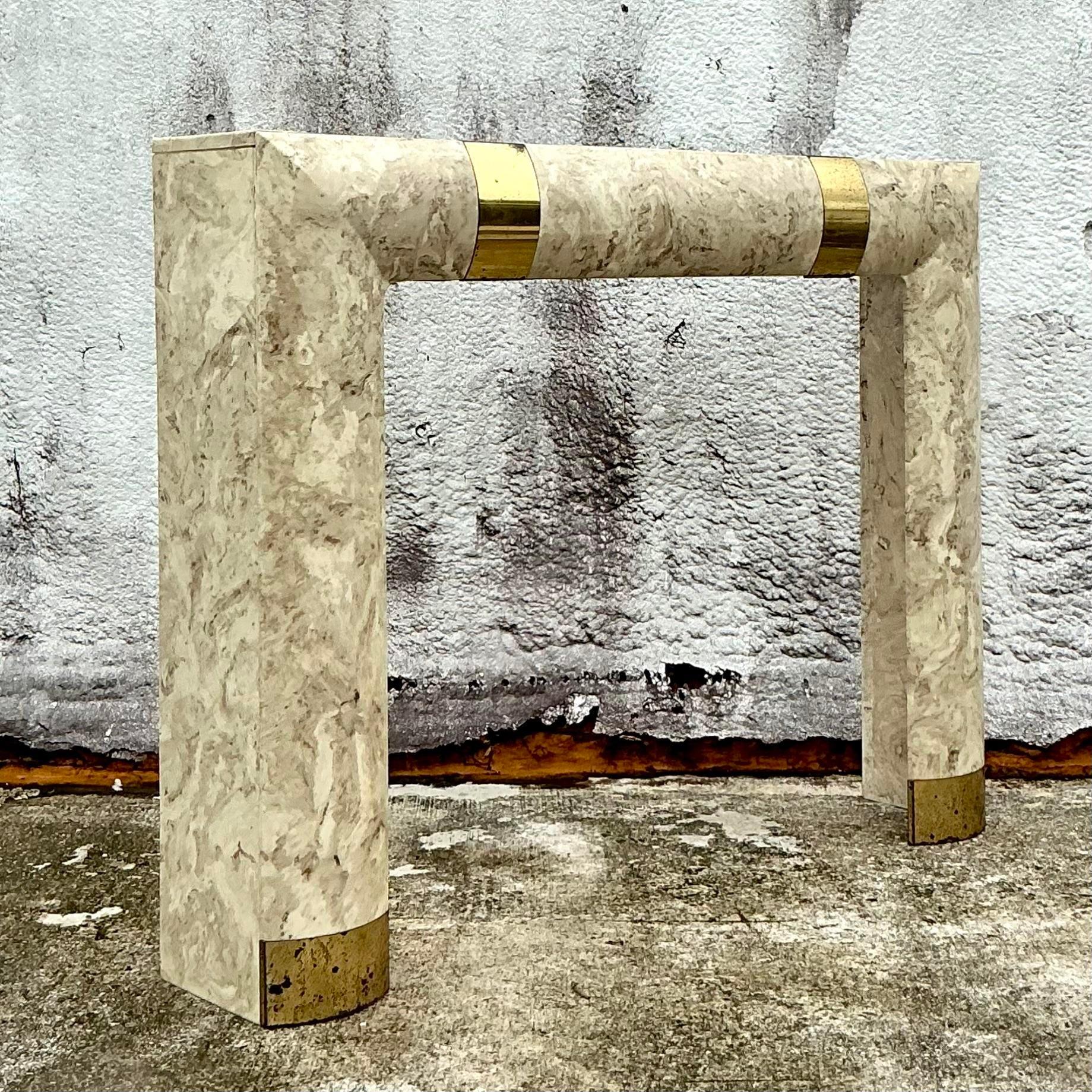 Vintage Contemporary Travertine and Brass Fireplace Surround 2