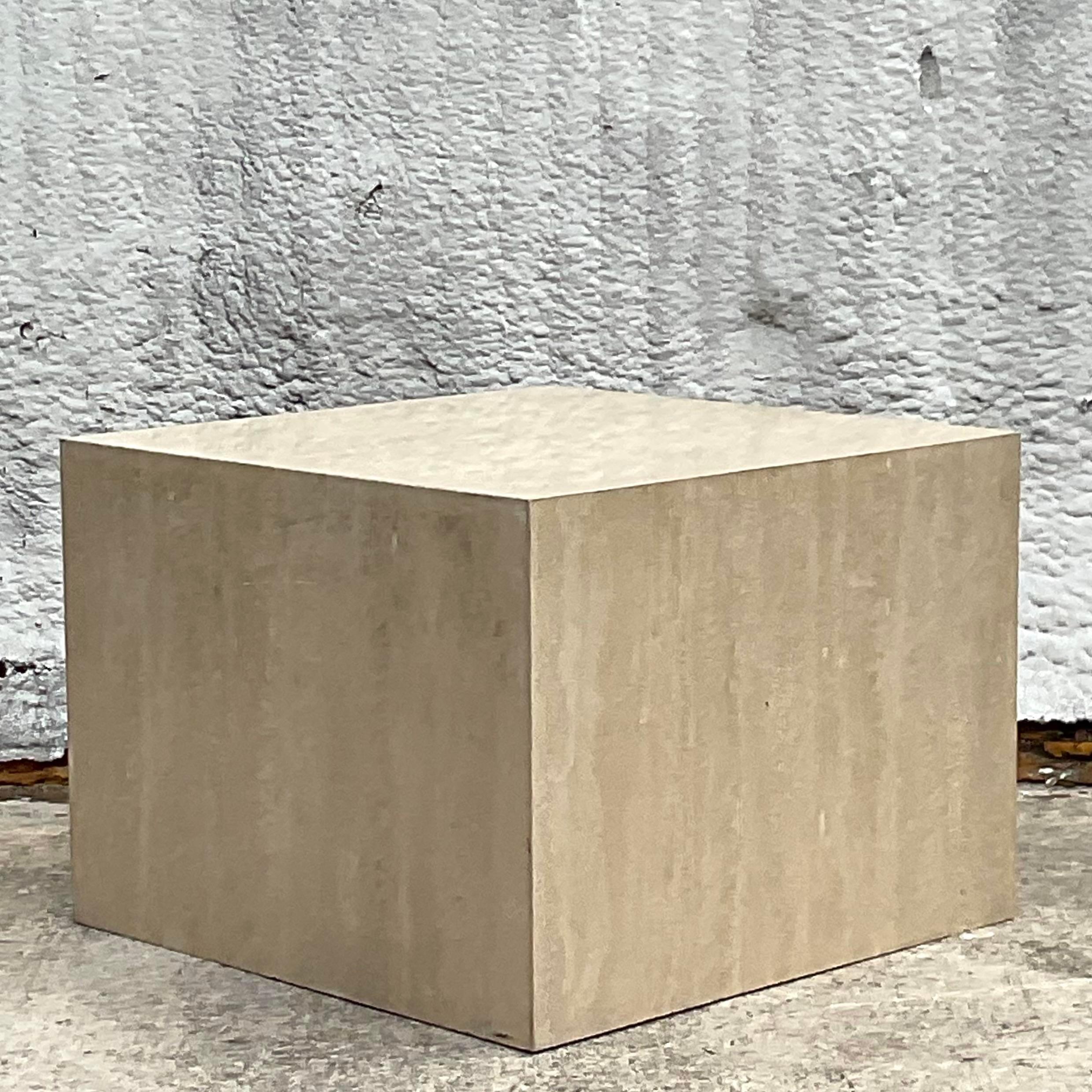 A fantastic vintage Contemporary side table. A chic travertine stone cube. Perfect as a side table even a chic entry hall or coffee table. You decide! Acquired from a Palm Beach estate.