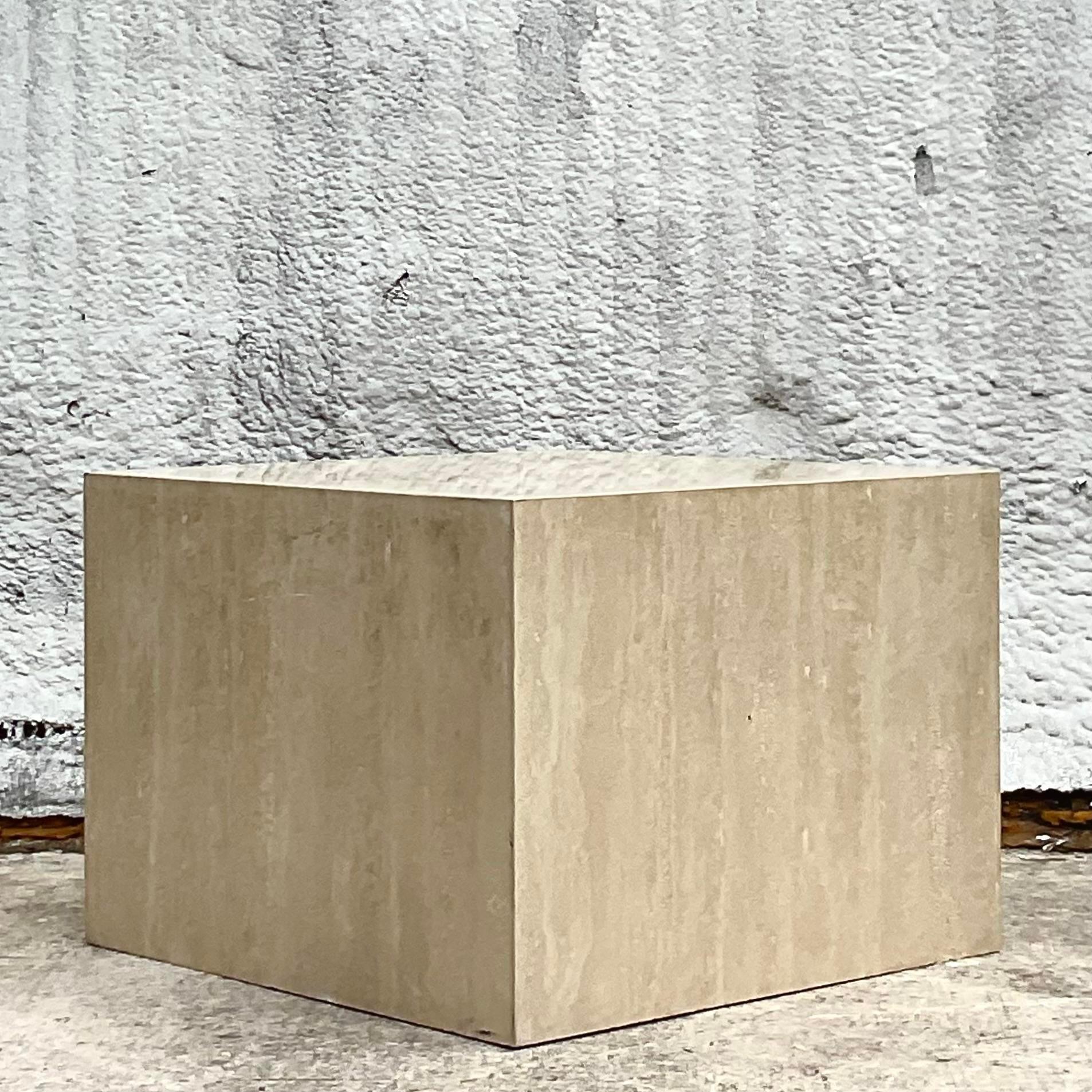 Vintage Contemporary Travertine Cube Side Table In Good Condition In west palm beach, FL