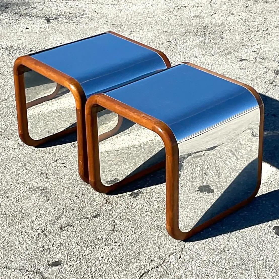 North American Vintage Contemporary Wood and Chrome Waterfall Side Tables - a Pair