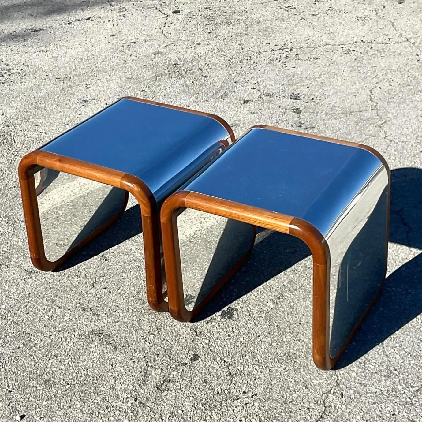 Vintage Contemporary Wood and Chrome Waterfall Side Tables - a Pair In Good Condition In west palm beach, FL