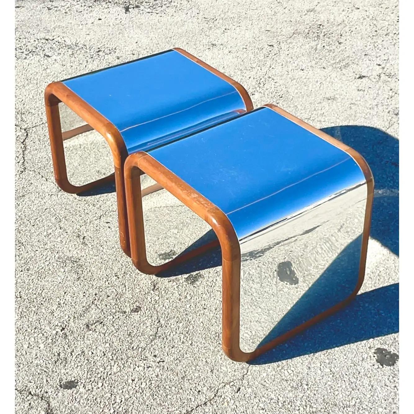20th Century Vintage Contemporary Wood and Chrome Waterfall Side Tables - a Pair