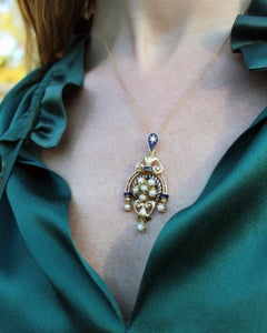 Vintage Continental 14k Gold Enamel Lavalier Pendant with Seed Pearls