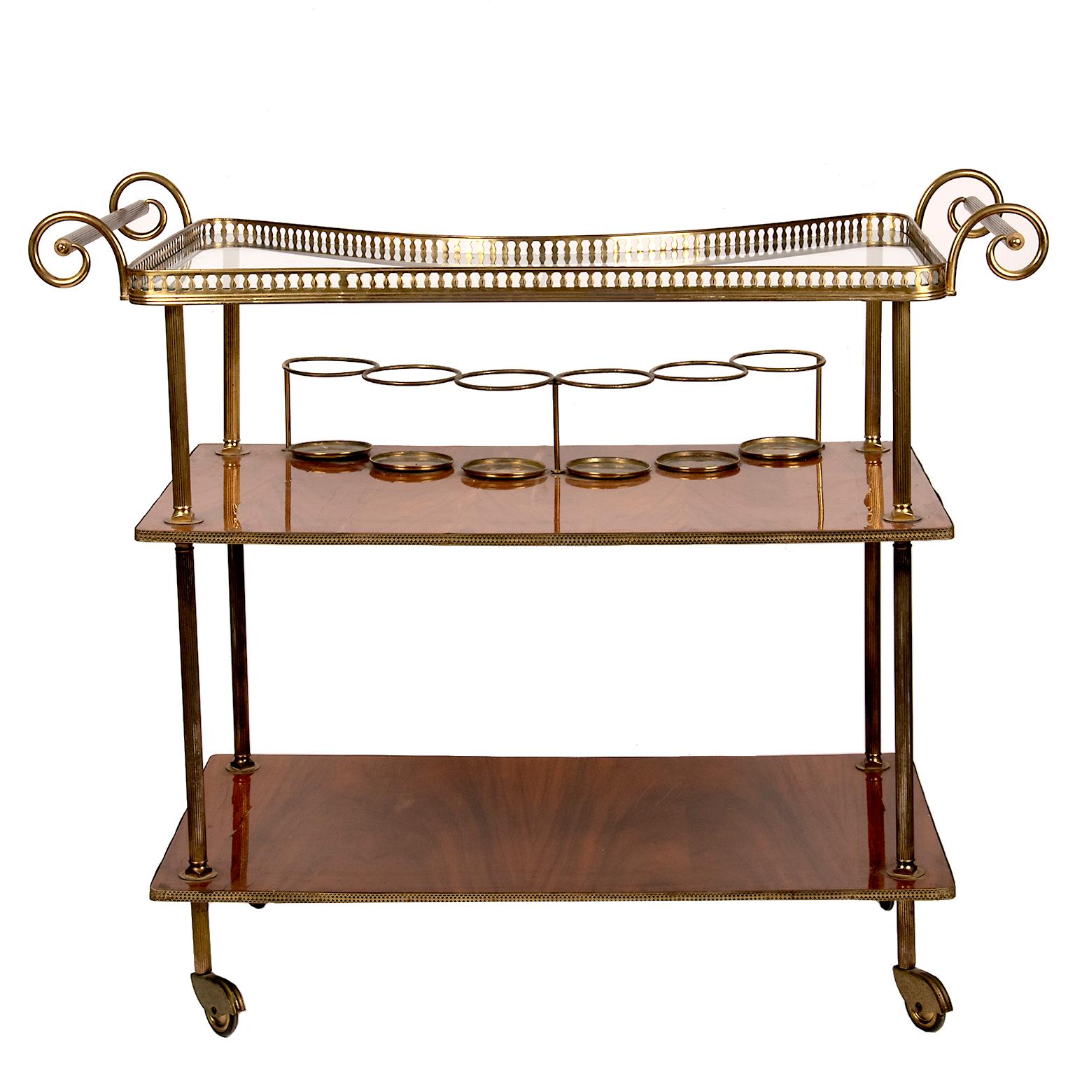 Vintage Continental Brass and Wood Bar Cart 4