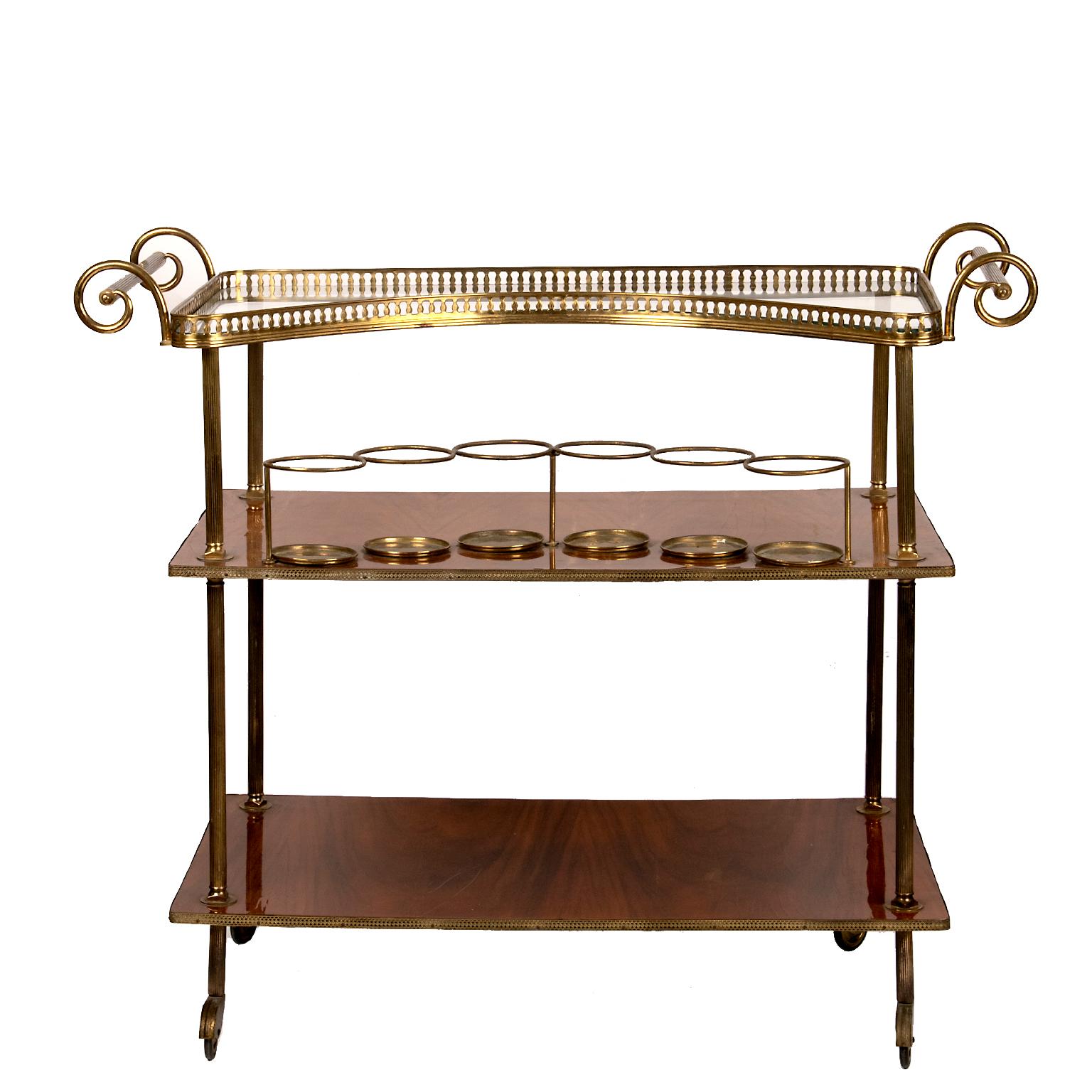 Plated Vintage Continental Brass and Wood Bar Cart