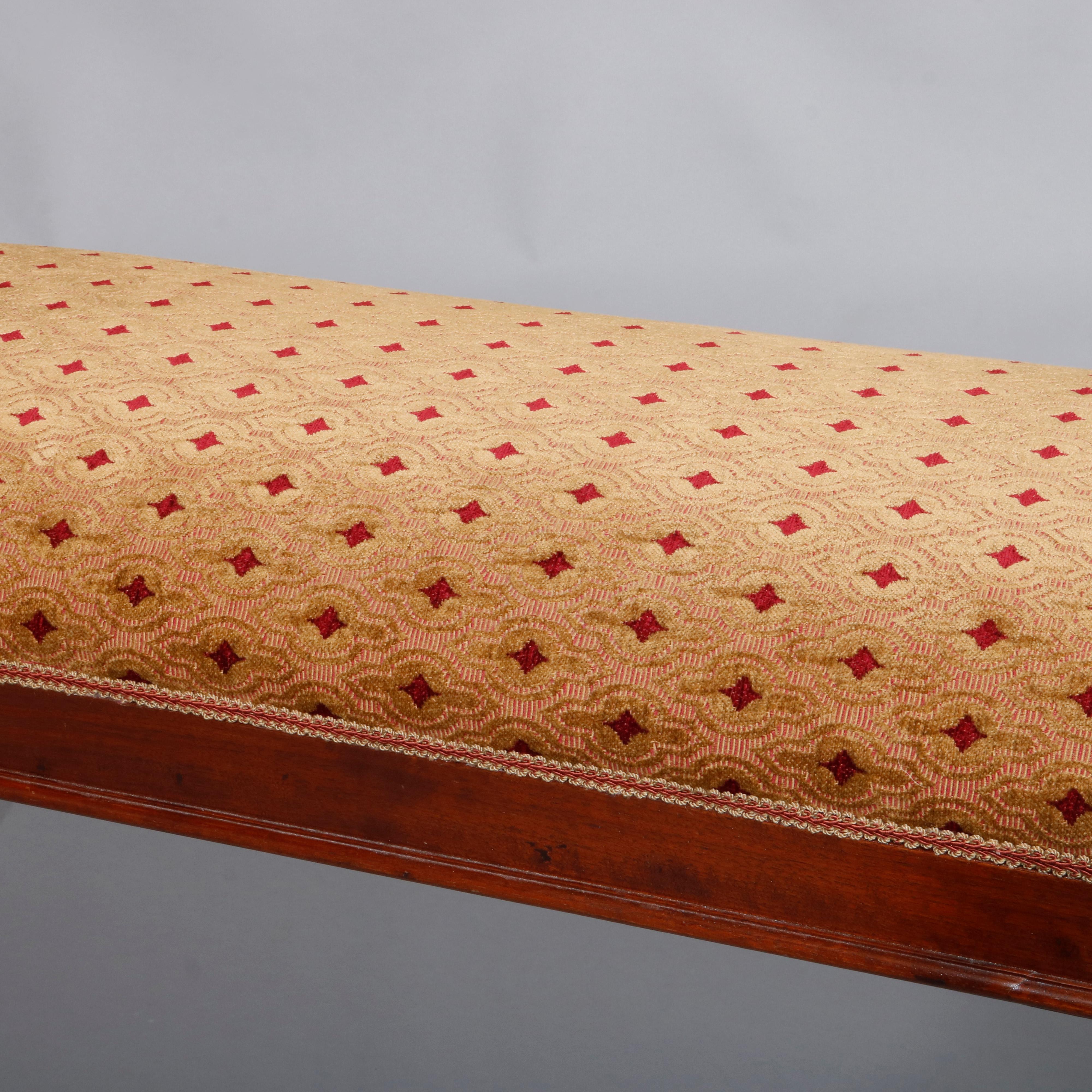 European Vintage Continental Carved Mahogany Upholstered Long Bench, 20th Century