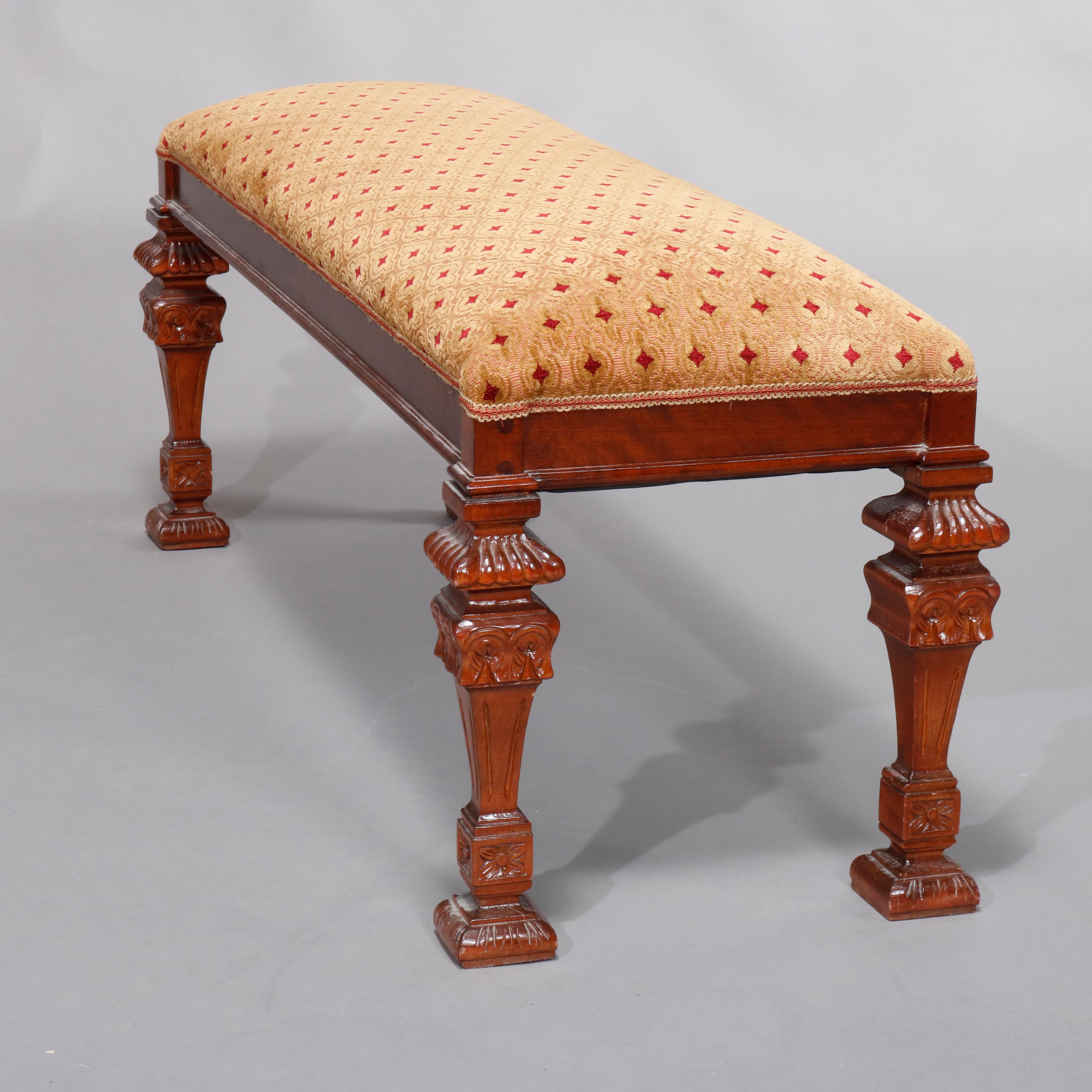 Vintage Continental Carved Mahogany Upholstered Long Bench, 20th Century In Good Condition In Big Flats, NY