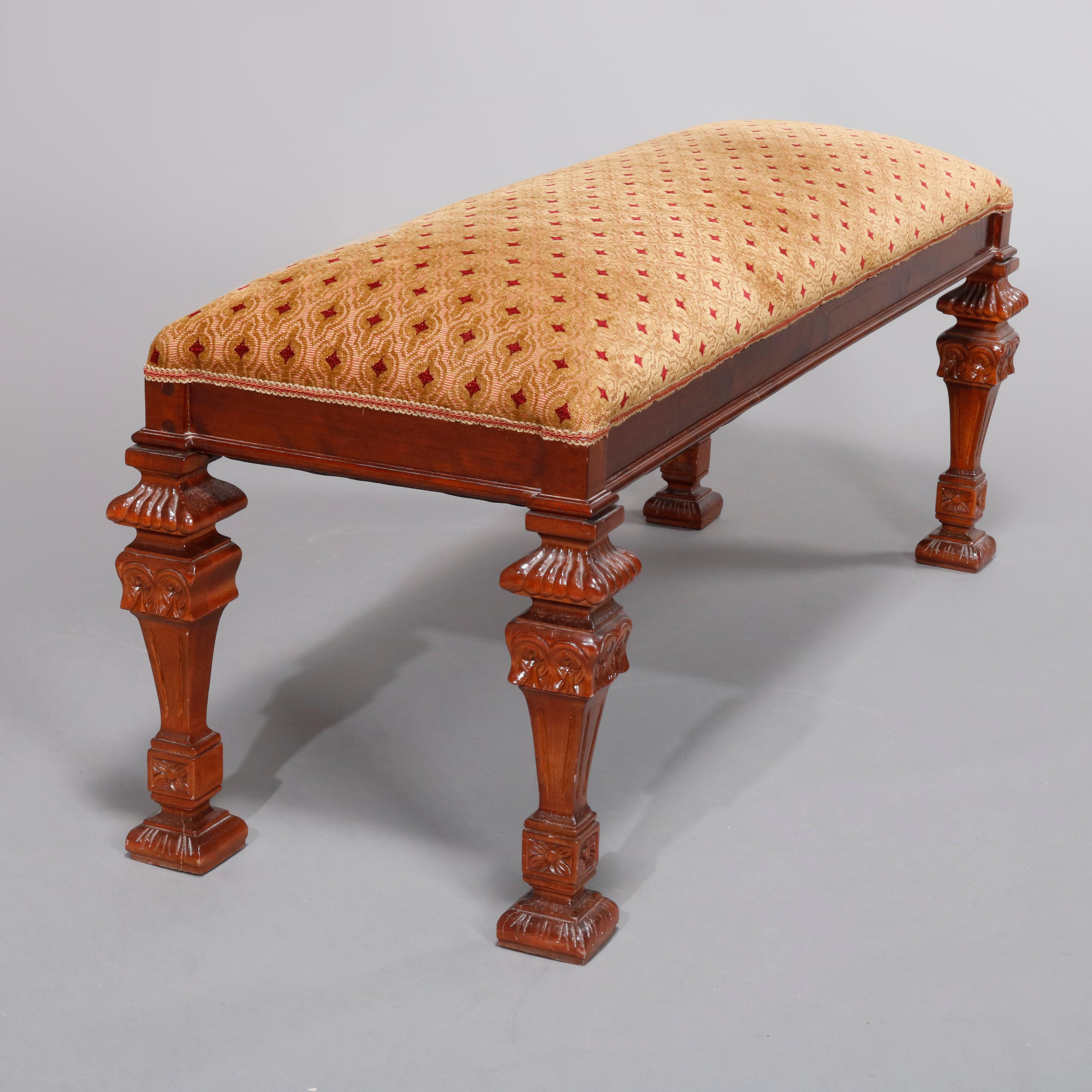 Upholstery Vintage Continental Carved Mahogany Upholstered Long Bench, 20th Century