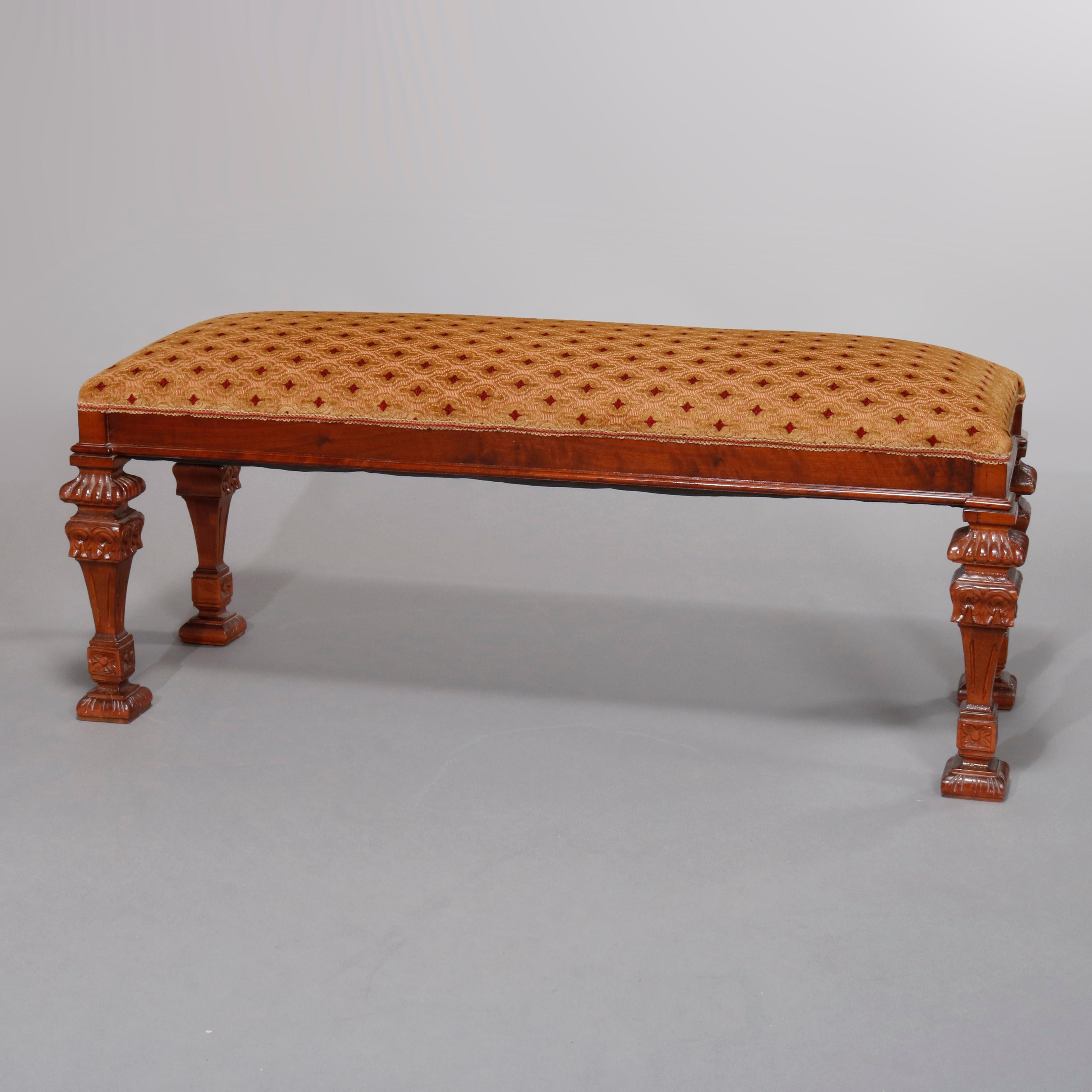 Vintage Continental Carved Mahogany Upholstered Long Bench, 20th Century 2