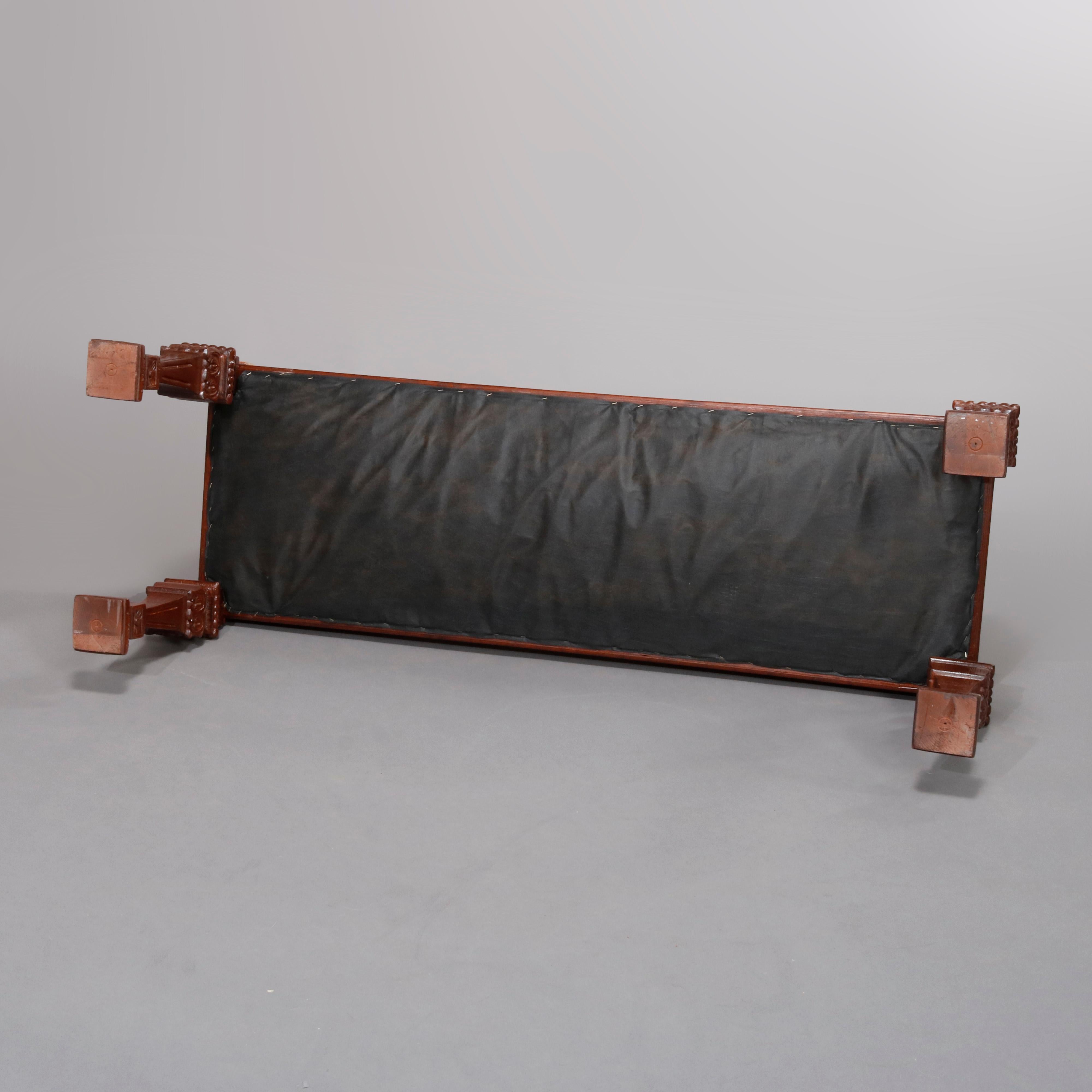 Vintage Continental Carved Mahogany Upholstered Long Bench, 20th Century 3