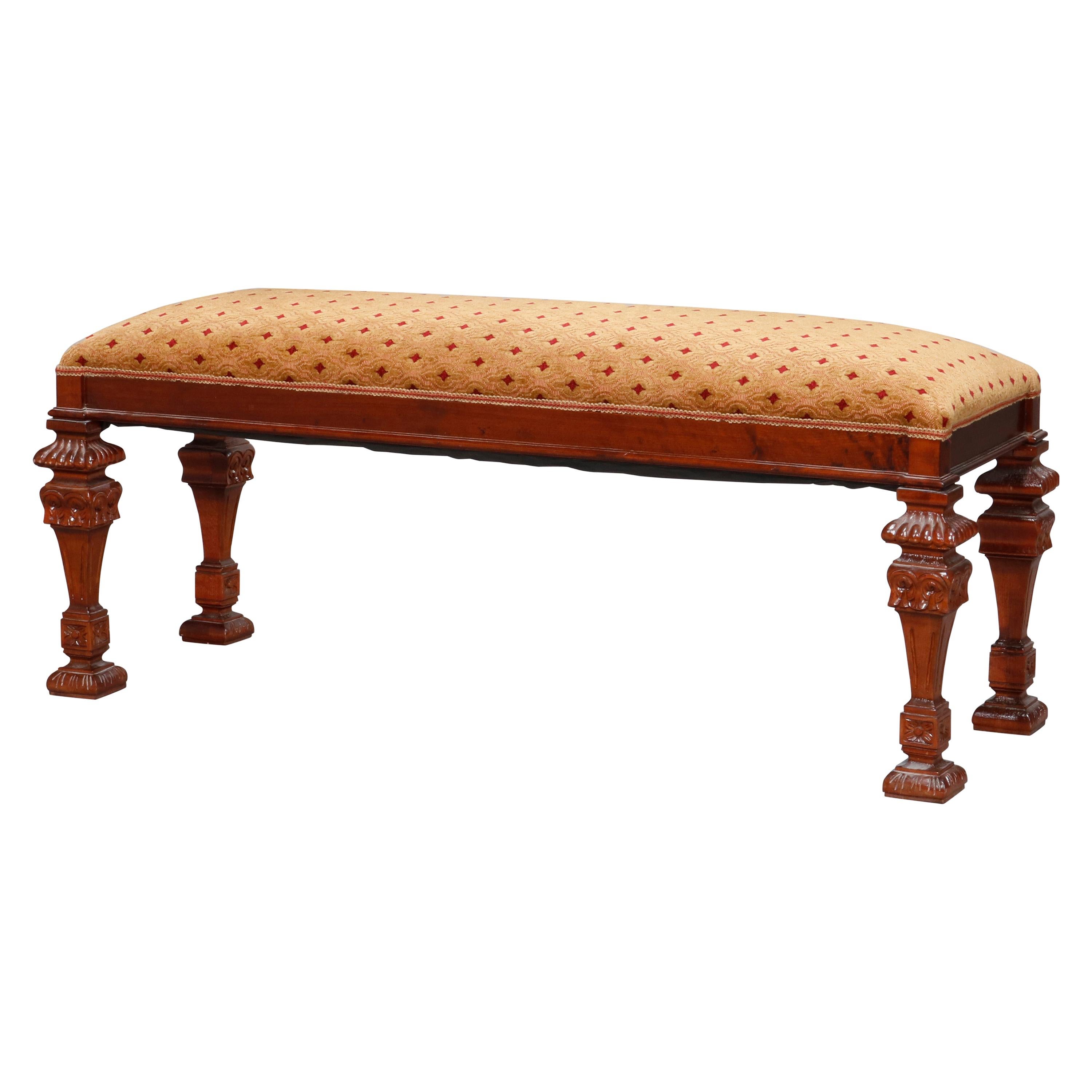 Vintage Continental Carved Mahogany Upholstered Long Bench, 20th Century