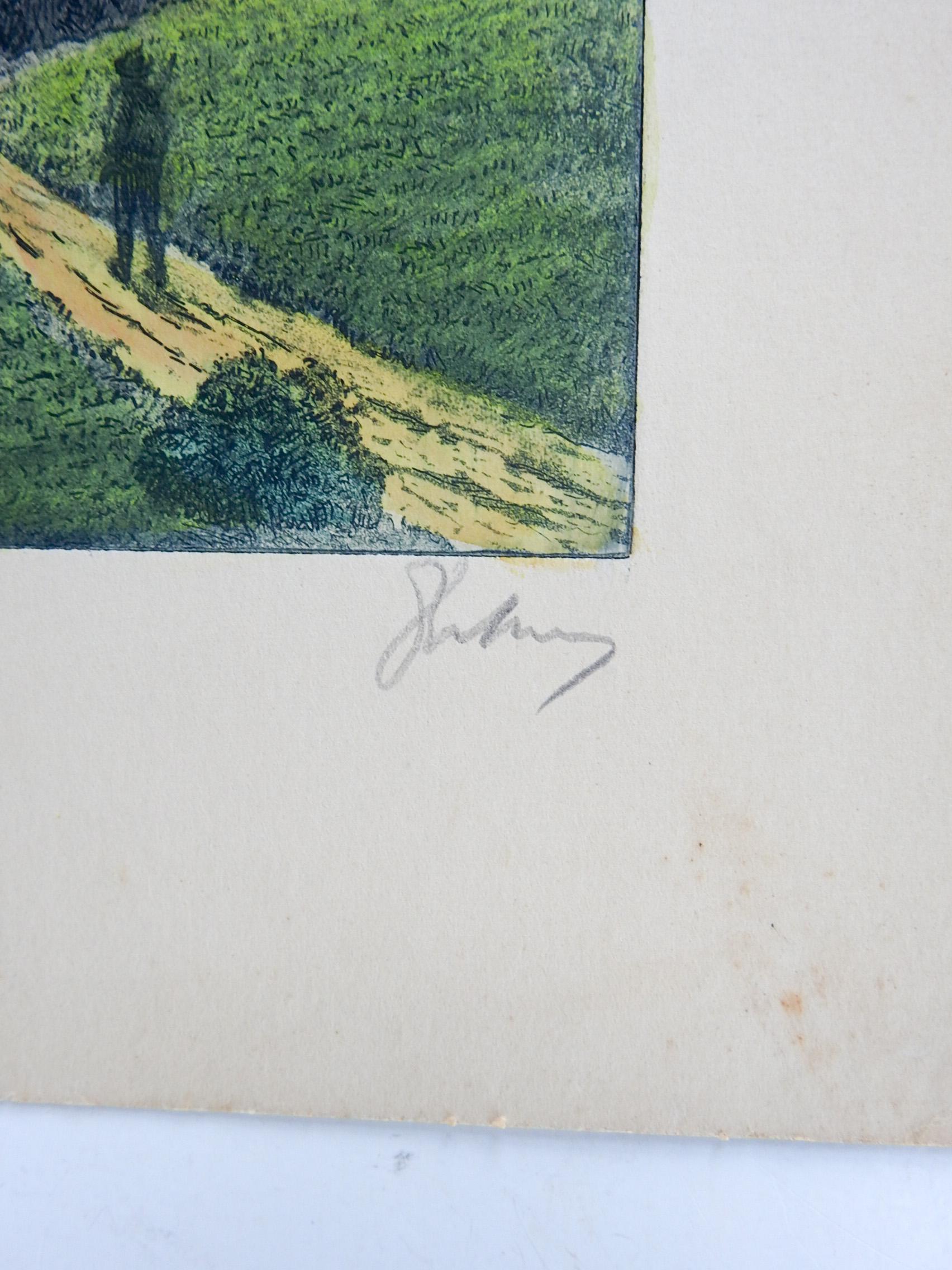 Vintage early 20th century color etching on paper of mountain landscape and hiker By Richard Pokorney (1907-1997) Austria. Signed in pencil lower right margin. Original gallery tag pasted to upper right corner. Unframed, image size 5.5