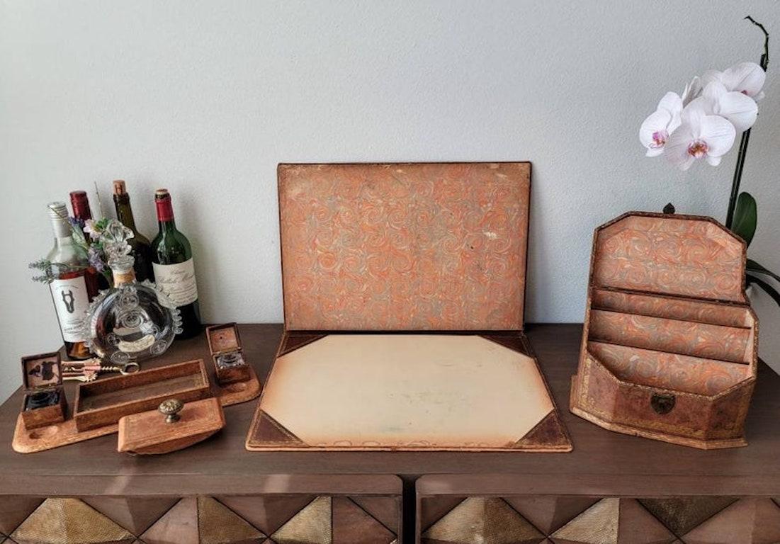 Vintage Continental Italian Leather Desk Set For Sale 1