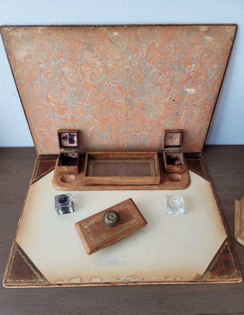 Vintage Continental Italian Leather Desk Set For Sale 2