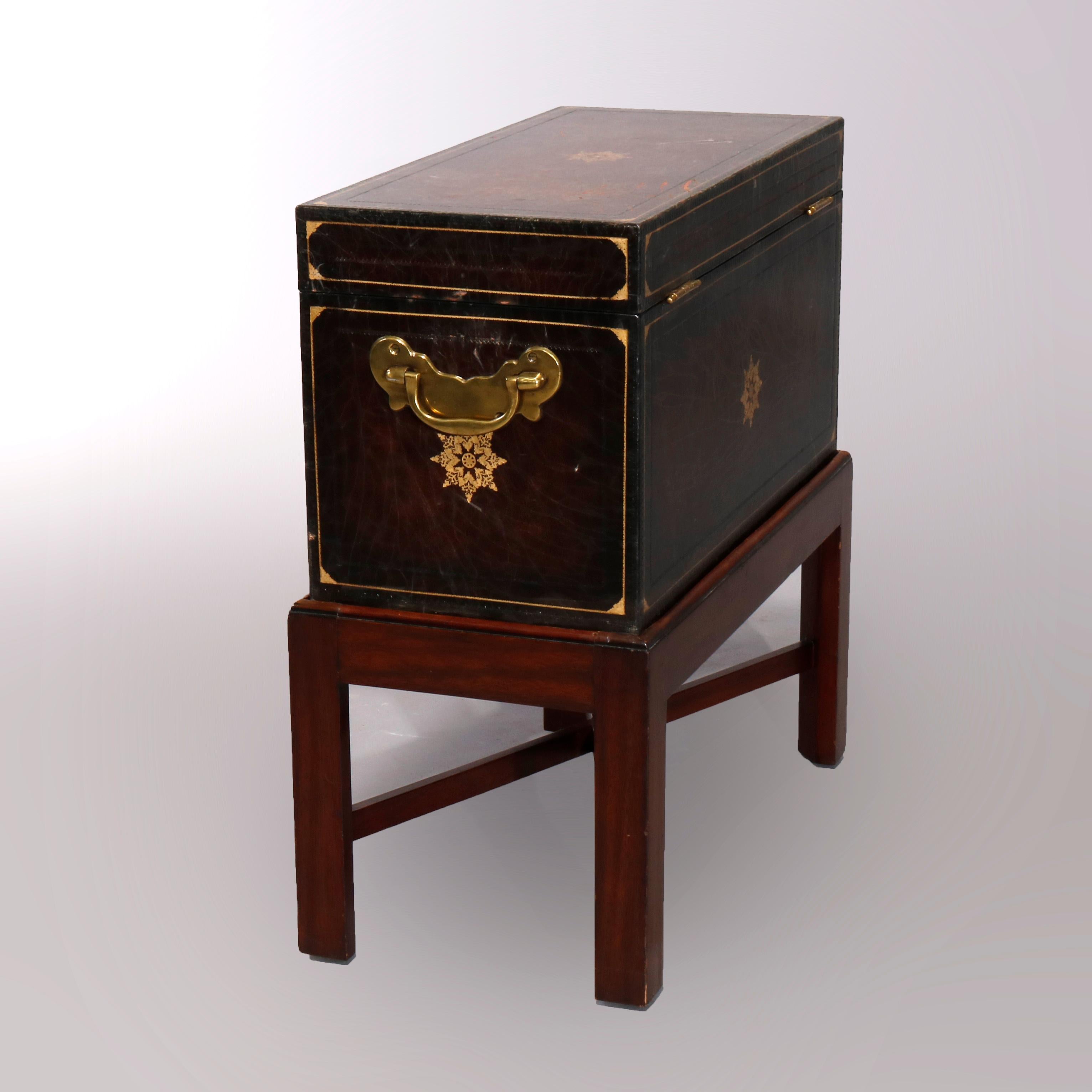 European Continental Leather Dowry or Document Box on Mahogany Stand, 20th Century