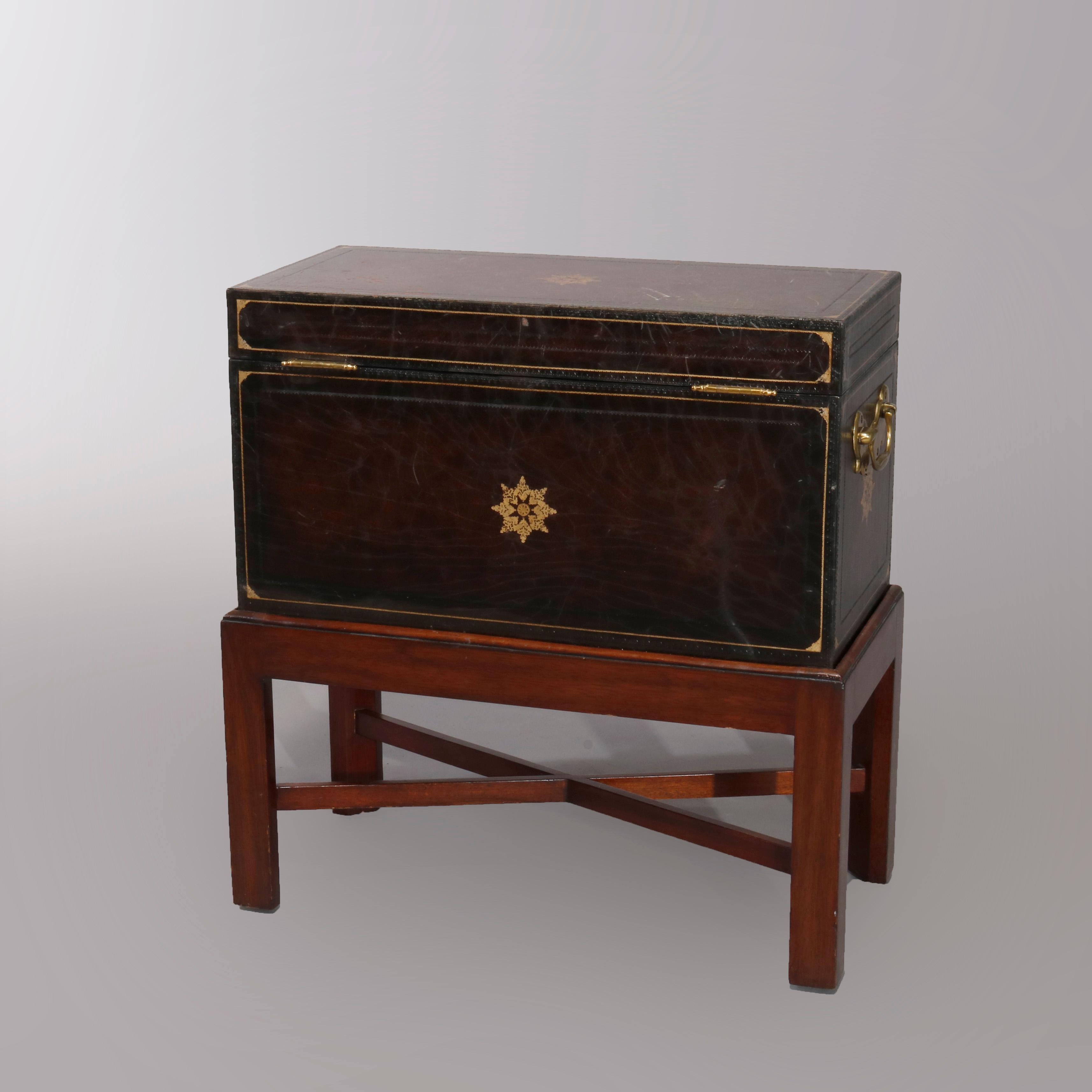 Carved Continental Leather Dowry or Document Box on Mahogany Stand, 20th Century