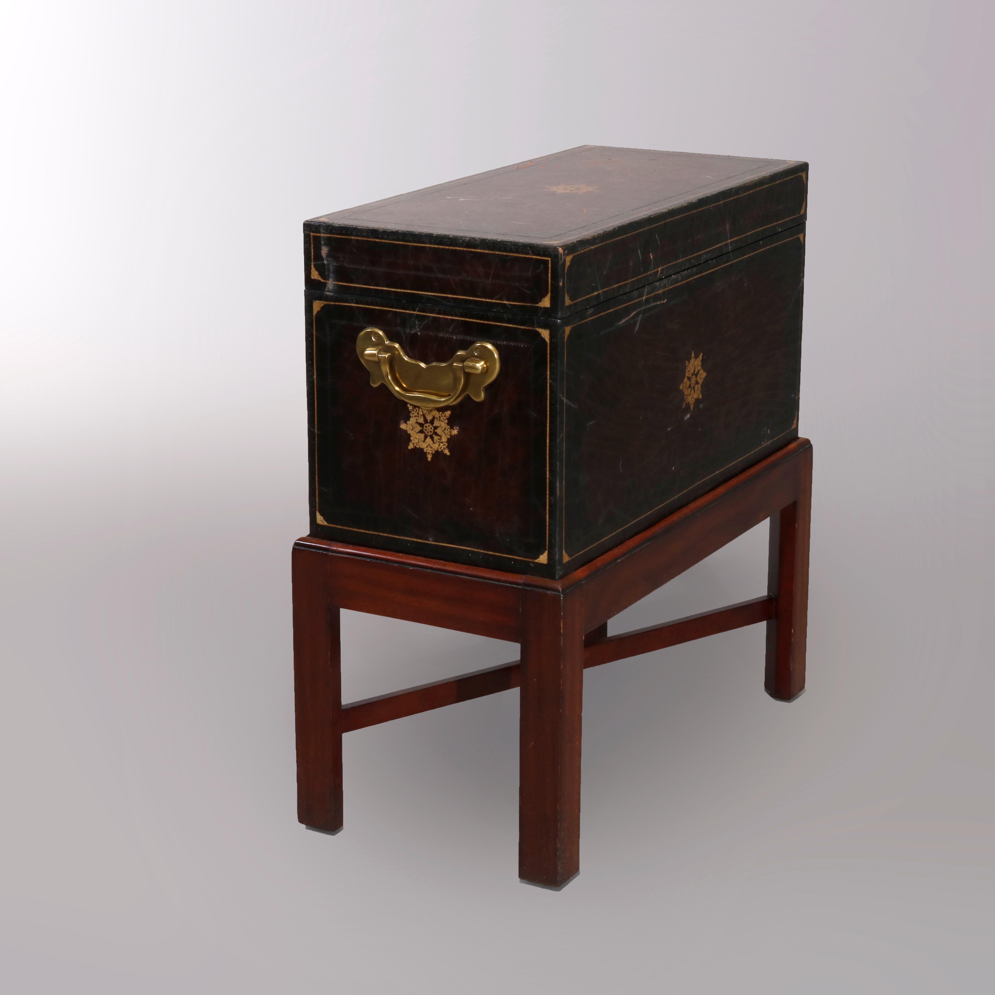 Continental Leather Dowry or Document Box on Mahogany Stand, 20th Century In Good Condition In Big Flats, NY
