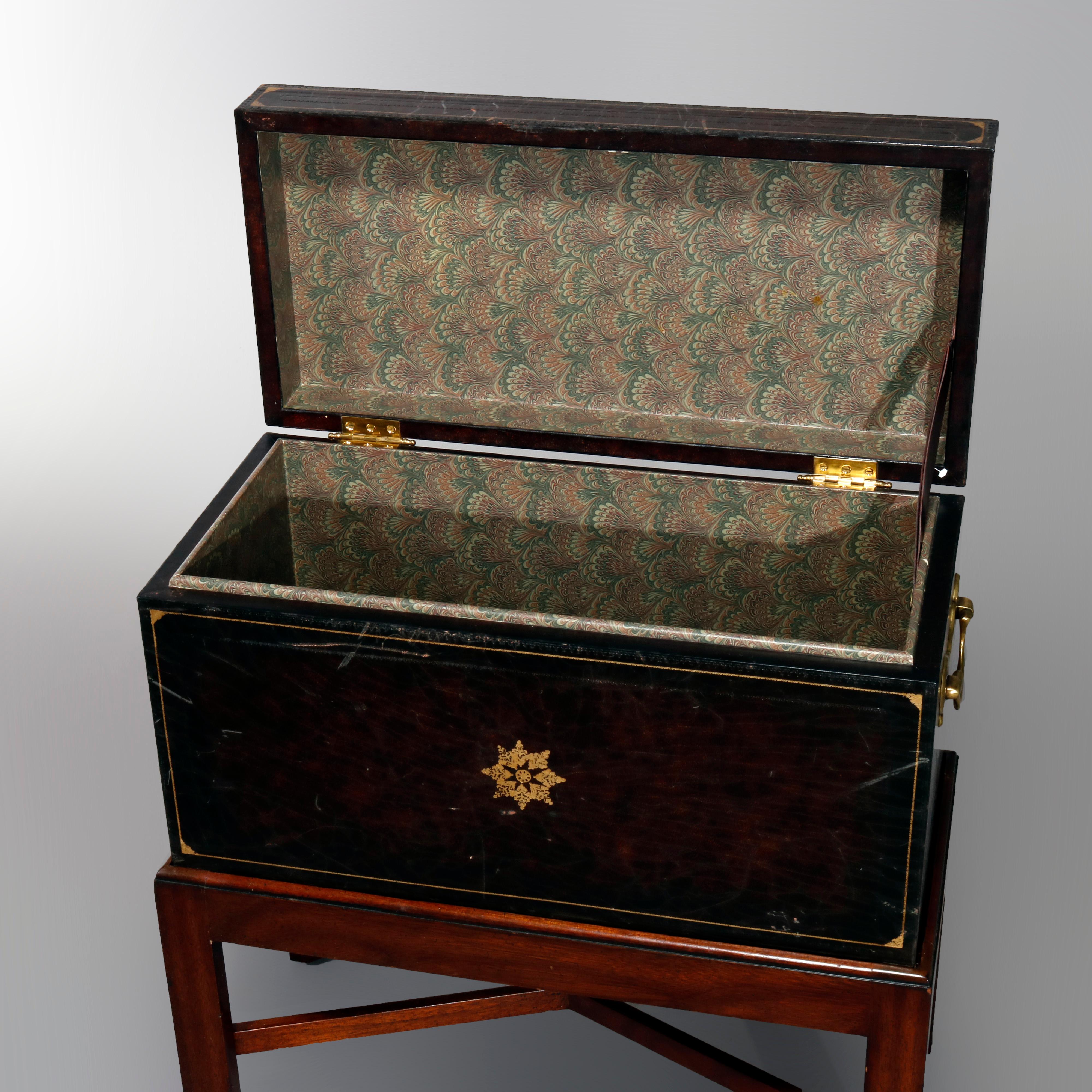 Metal Continental Leather Dowry or Document Box on Mahogany Stand, 20th Century