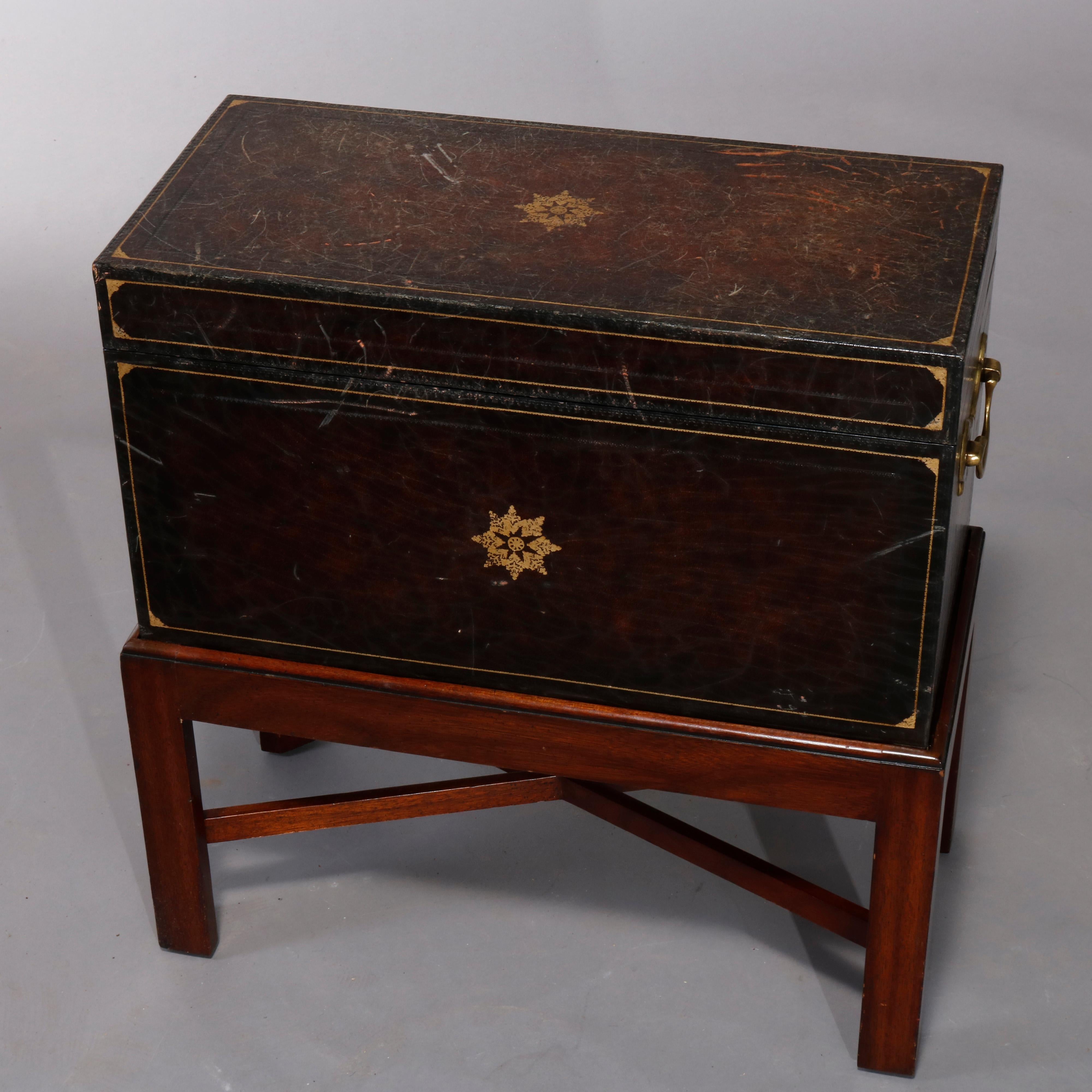 Continental Leather Dowry or Document Box on Mahogany Stand, 20th Century 1