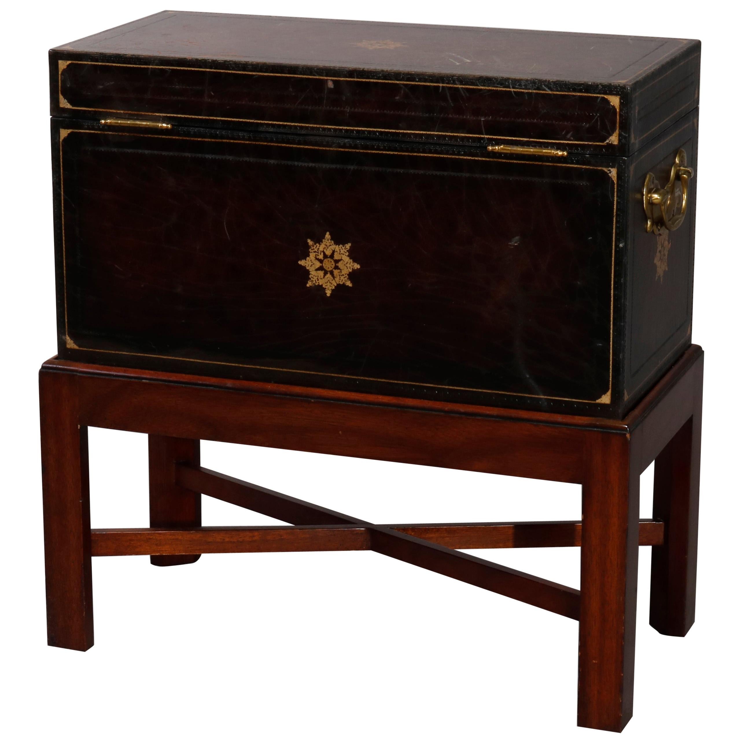 Continental Leather Dowry or Document Box on Mahogany Stand, 20th Century