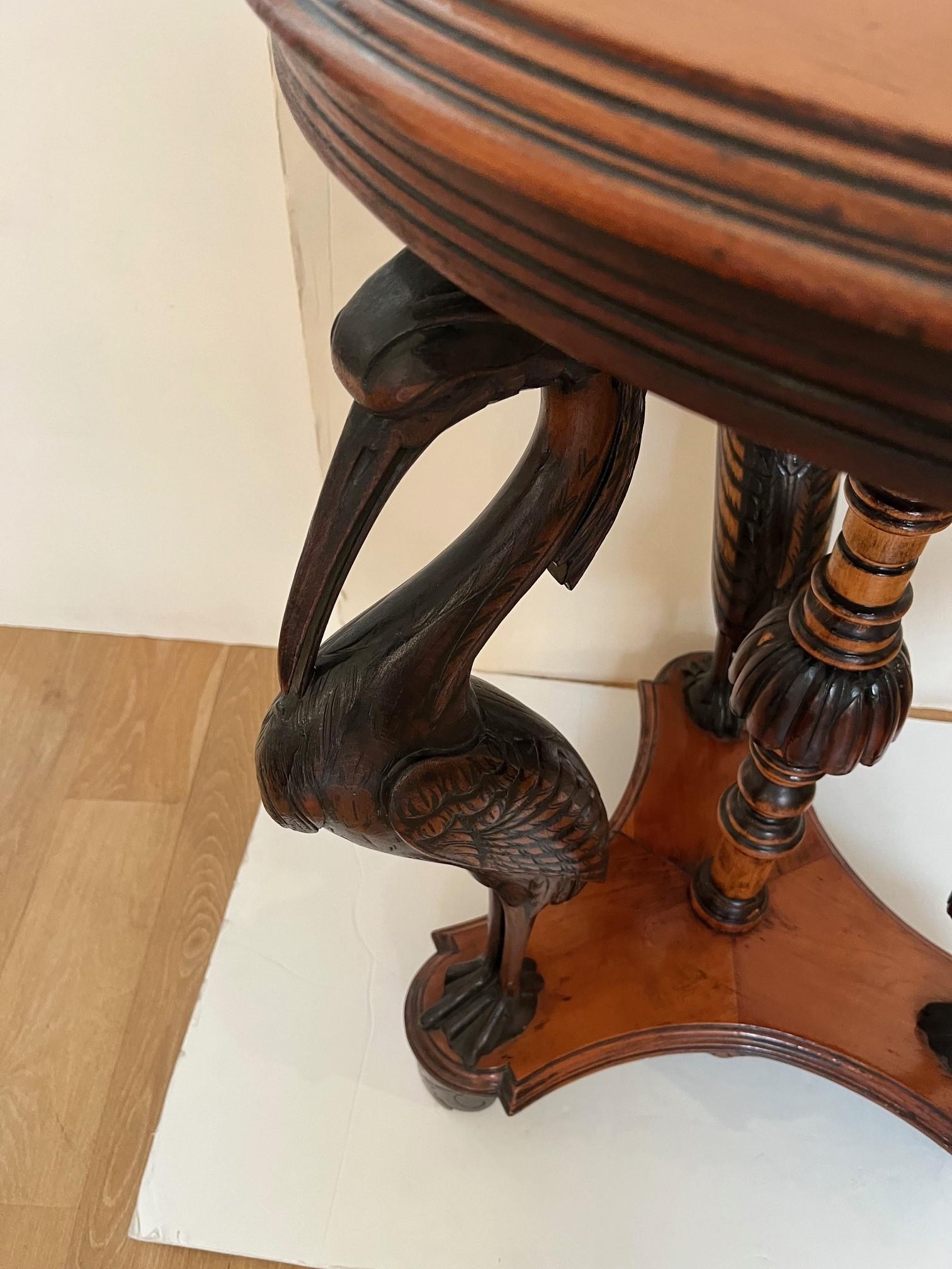 Vintage Picturesque Proportioned Mixed Woods Continental Center Table, Three Carved Wooden Egrets and Center Column all work to support a Round Top that has Generous Apron