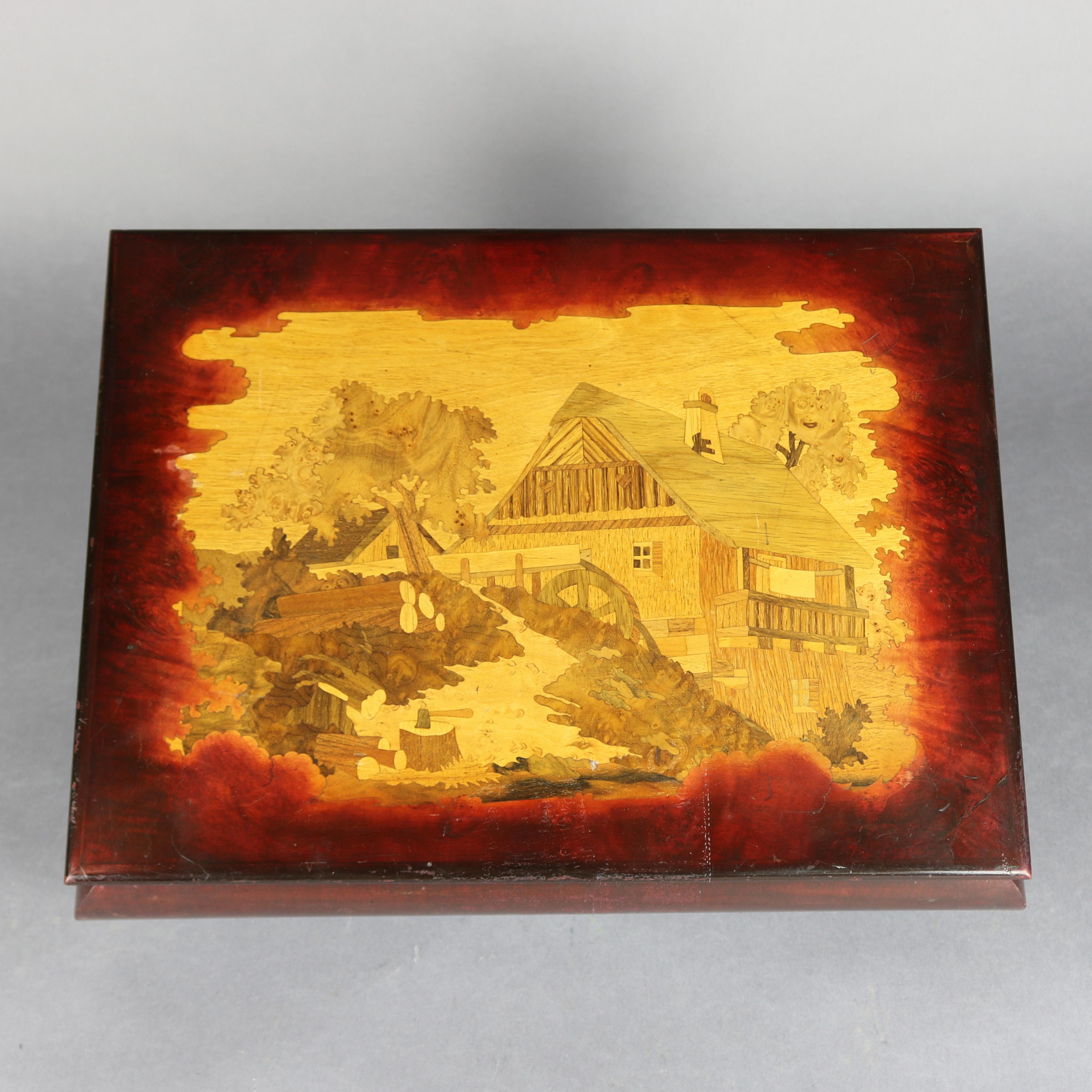 European Vintage Continental Pictorial Inlaid Mahogany Footed Document Box, circa 1940