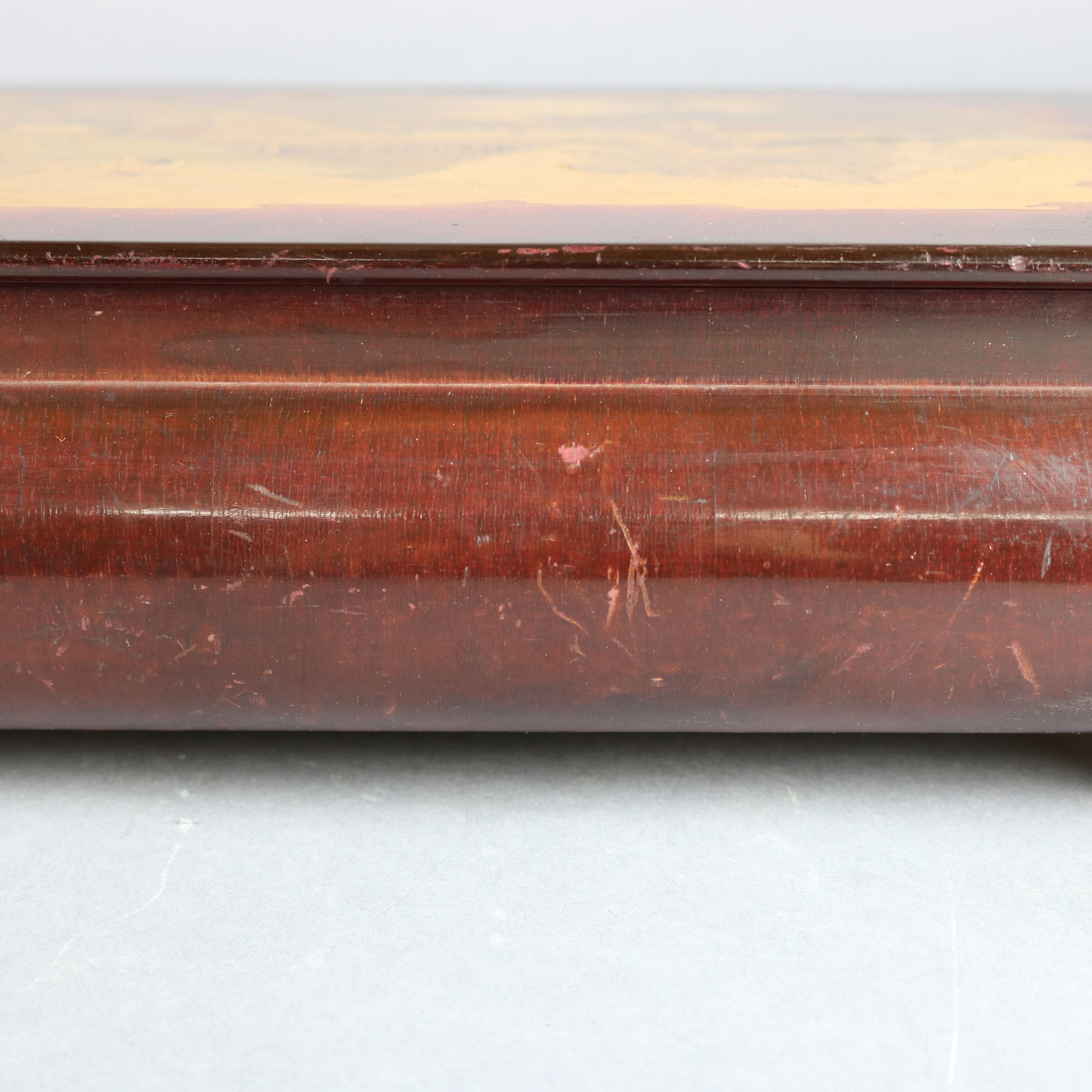 Vintage Continental Pictorial Inlaid Mahogany Footed Document Box, circa 1940 2