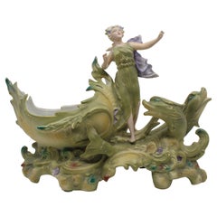 Bol de centre de table vintage en porcelaine continentale sculptée de nymphes marines