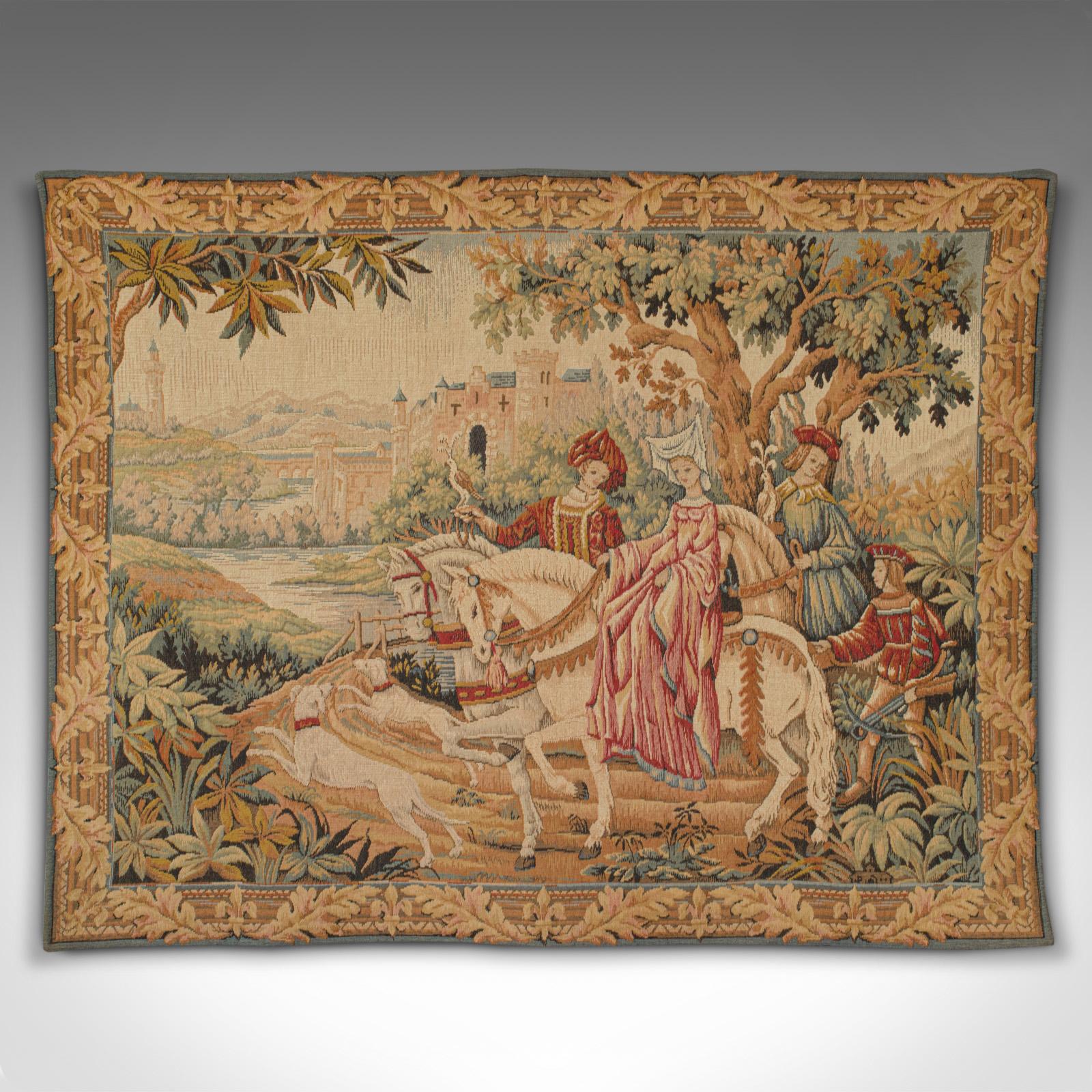 This is a vintage Continental tapestry. A French, needlepoint decorative panel by Marc Waymel, dated to rear 1982.

Classically appealing riding scene, the essence of 18th century nobility
Displays a desirable aged patina and in good order