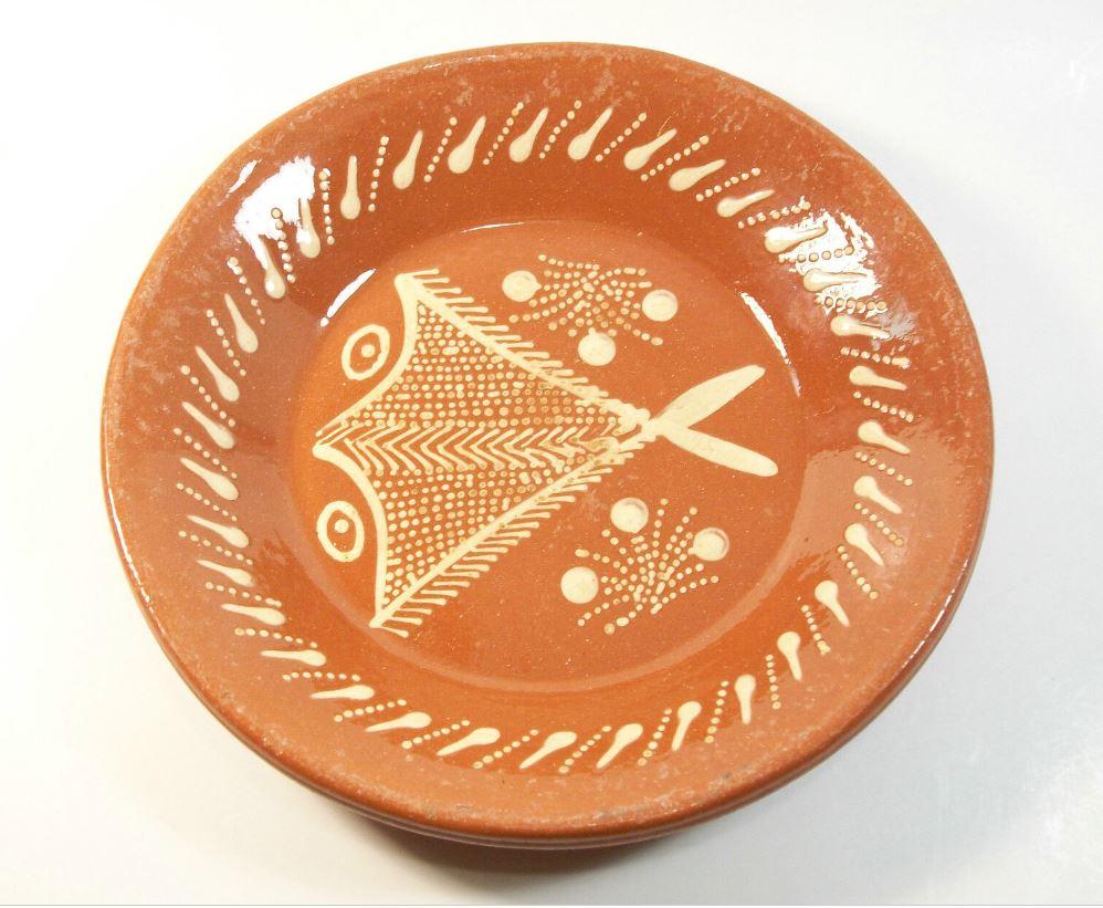 Folk Art Vintage Continental Terracotta Slipware Decorated Dish, Signed, 20th Century For Sale