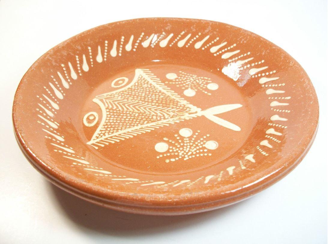 Portuguese Vintage Continental Terracotta Slipware Decorated Dish, Signed, 20th Century For Sale