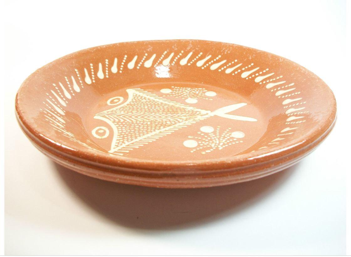 Glazed Vintage Continental Terracotta Slipware Decorated Dish, Signed, 20th Century For Sale