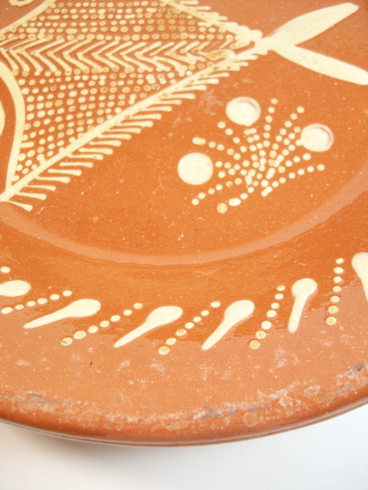 Vintage Continental Terracotta Slipware Decorated Dish, Signed, 20th Century In Good Condition For Sale In Chatham, ON